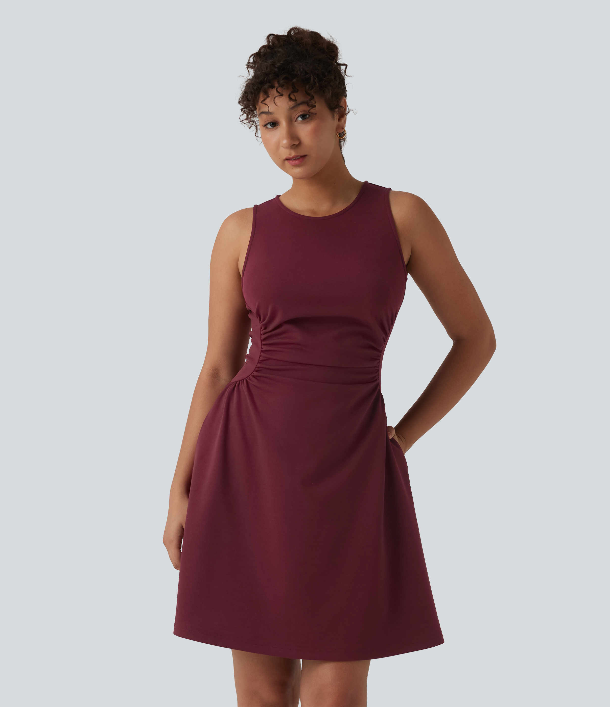 Round Neck Sleeveless Ruched Mini Work Dress with Pockets