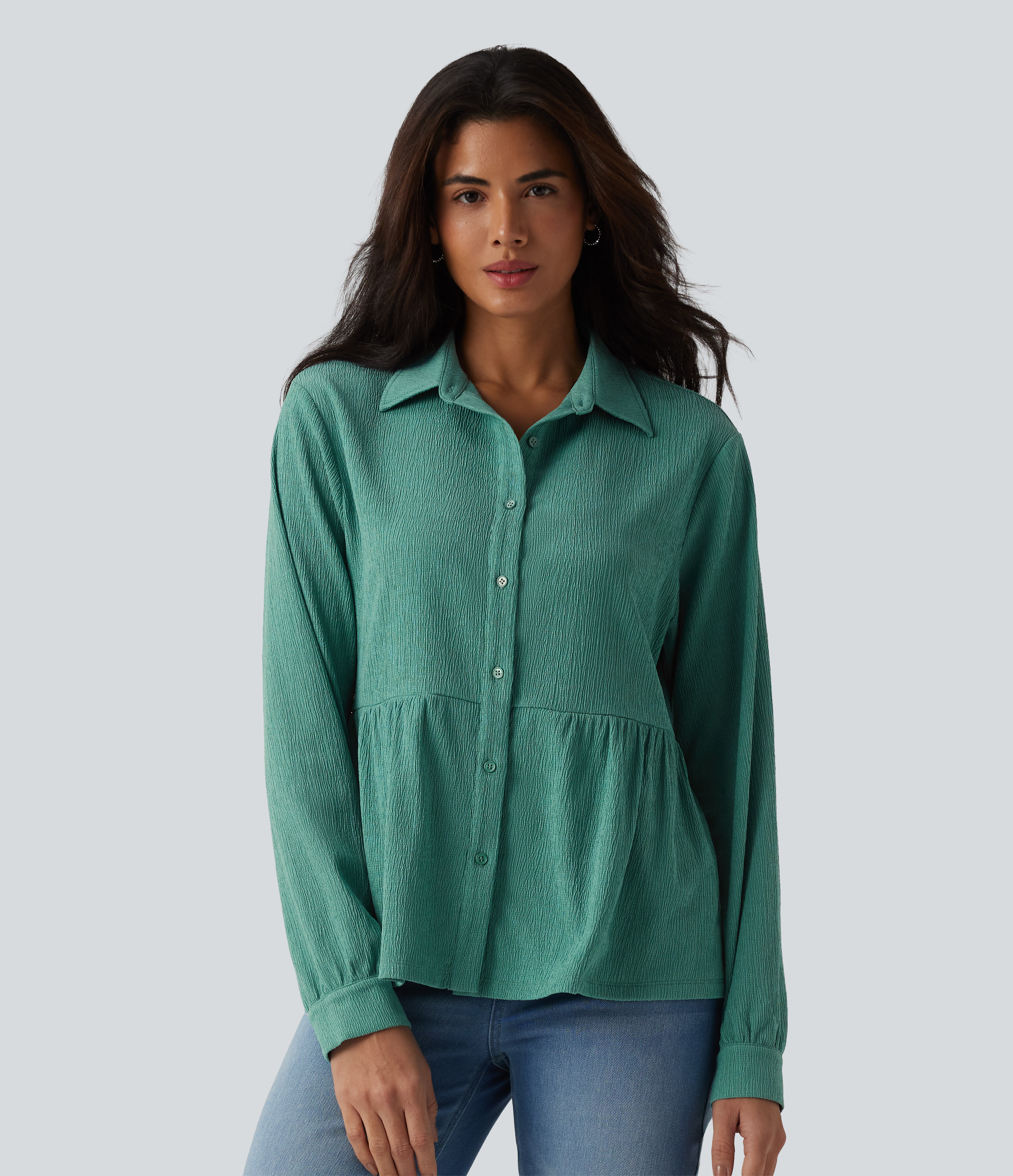Collar Long Sleeve Ruffle Hem Crinkle Relaxed Casual Peplum Shirt with Pockets