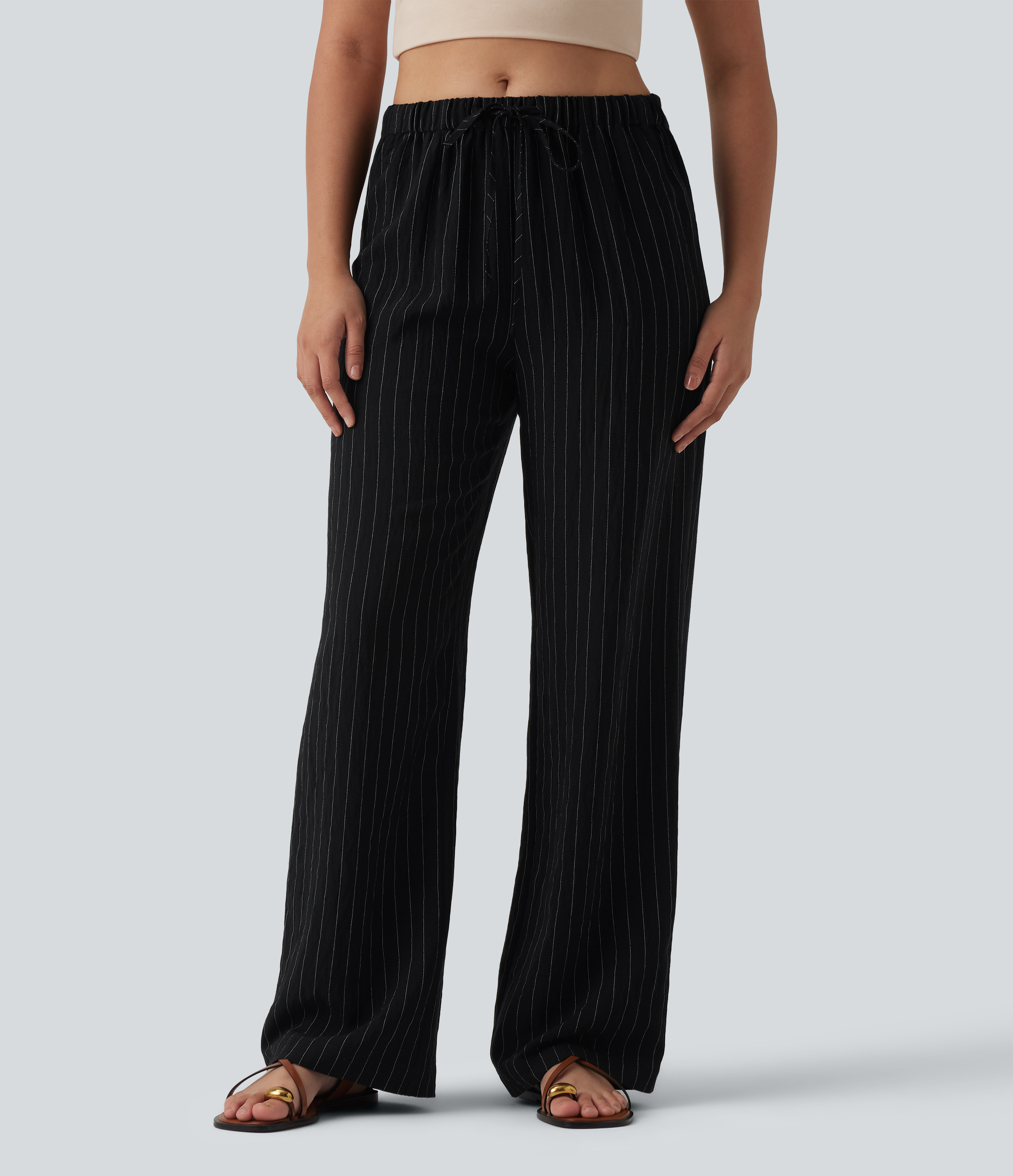 Pantalon large fluide décontracté en lin mélangé à rayures taille mi-haute avec cordon de serrage et poches