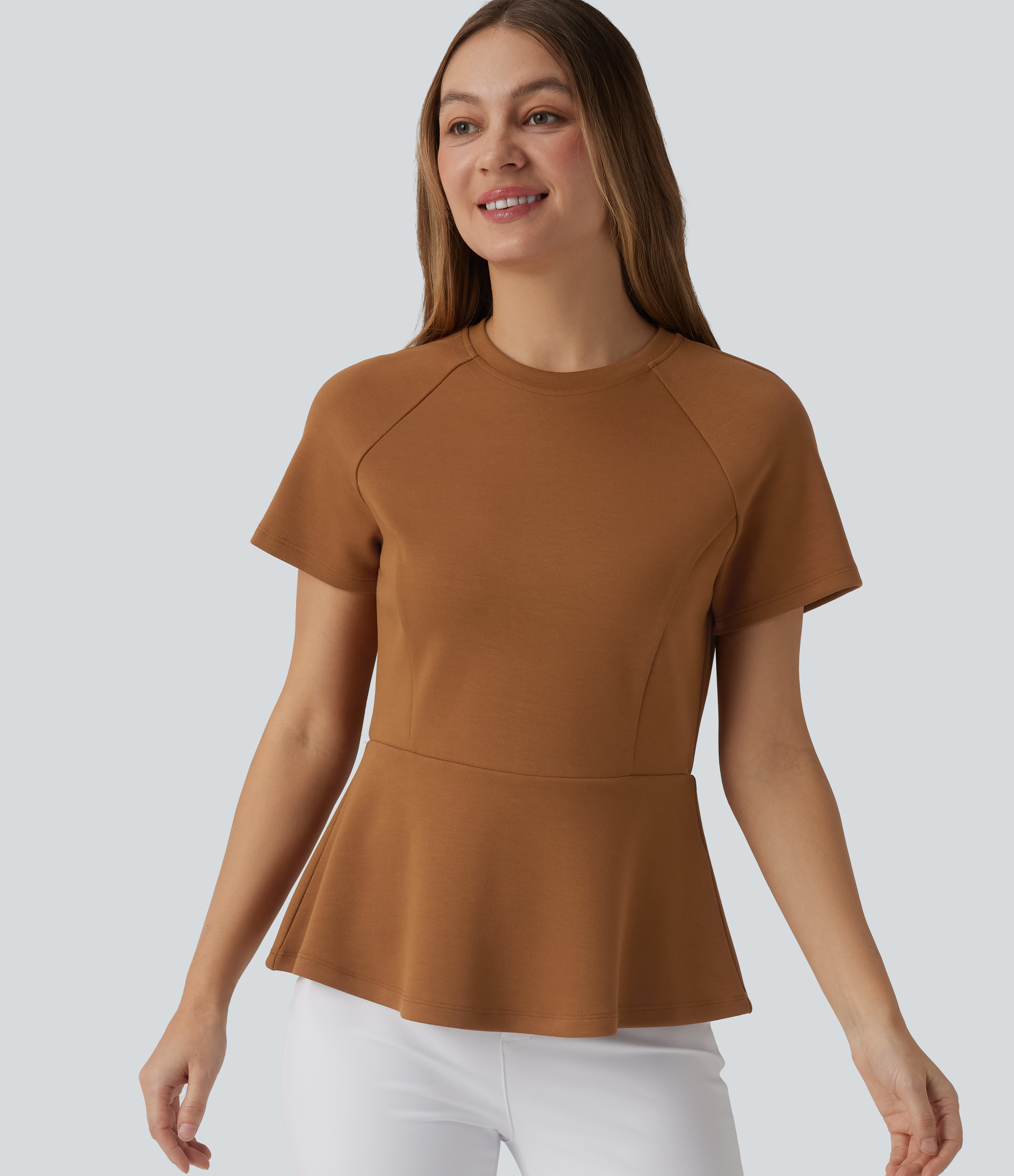 Glazed Ginger Round Neck Short Sleeve Work Peplum Top / 1