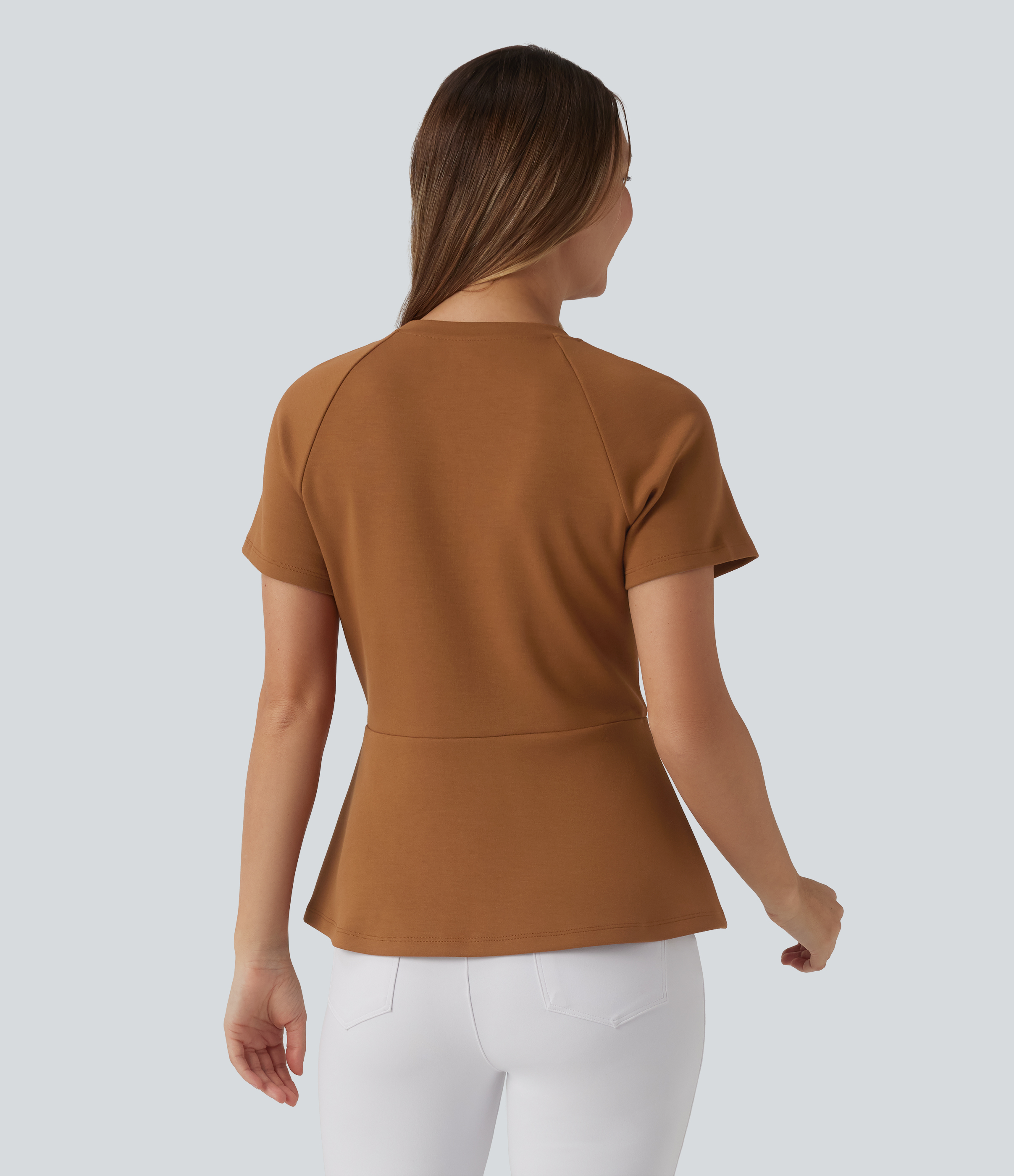 Glazed Ginger Round Neck Short Sleeve Work Peplum Top / 2