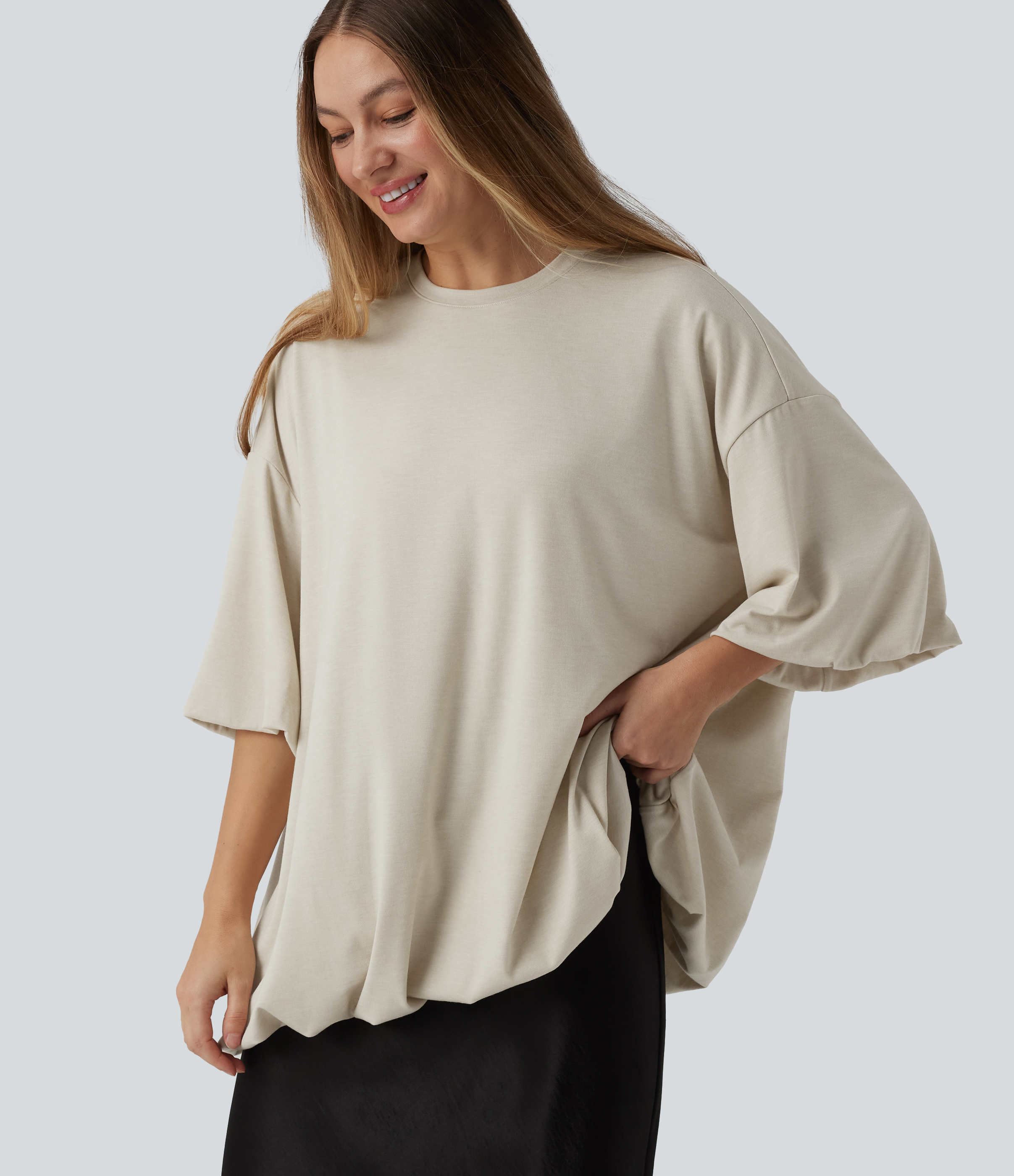 Crew Neck Half Sleeve Bubble Hem Oversized Casual Top