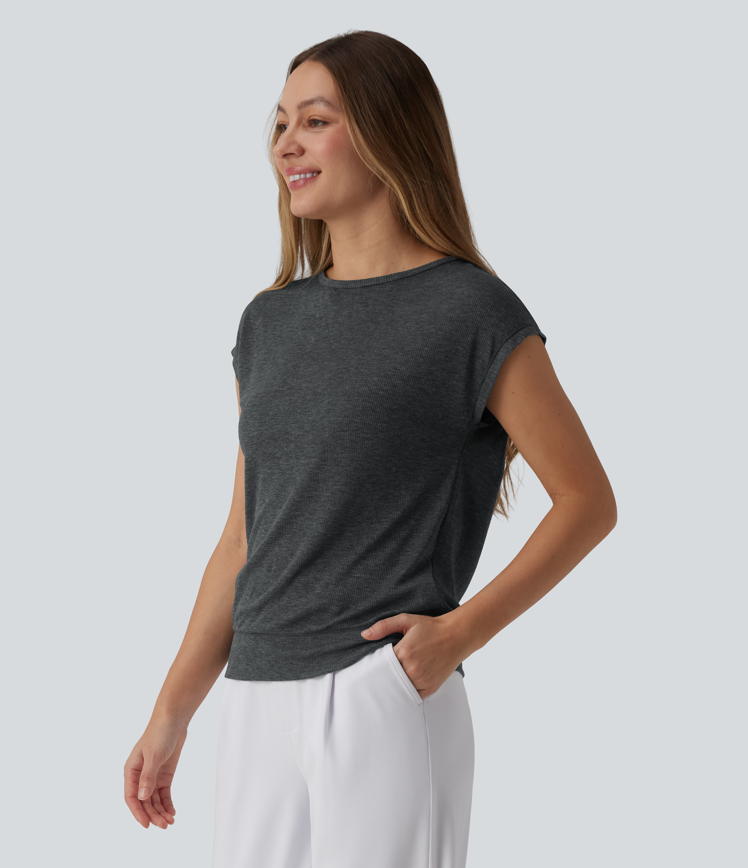 Haut tailleur col rond manches courtes en maille côtelée laine mélangée