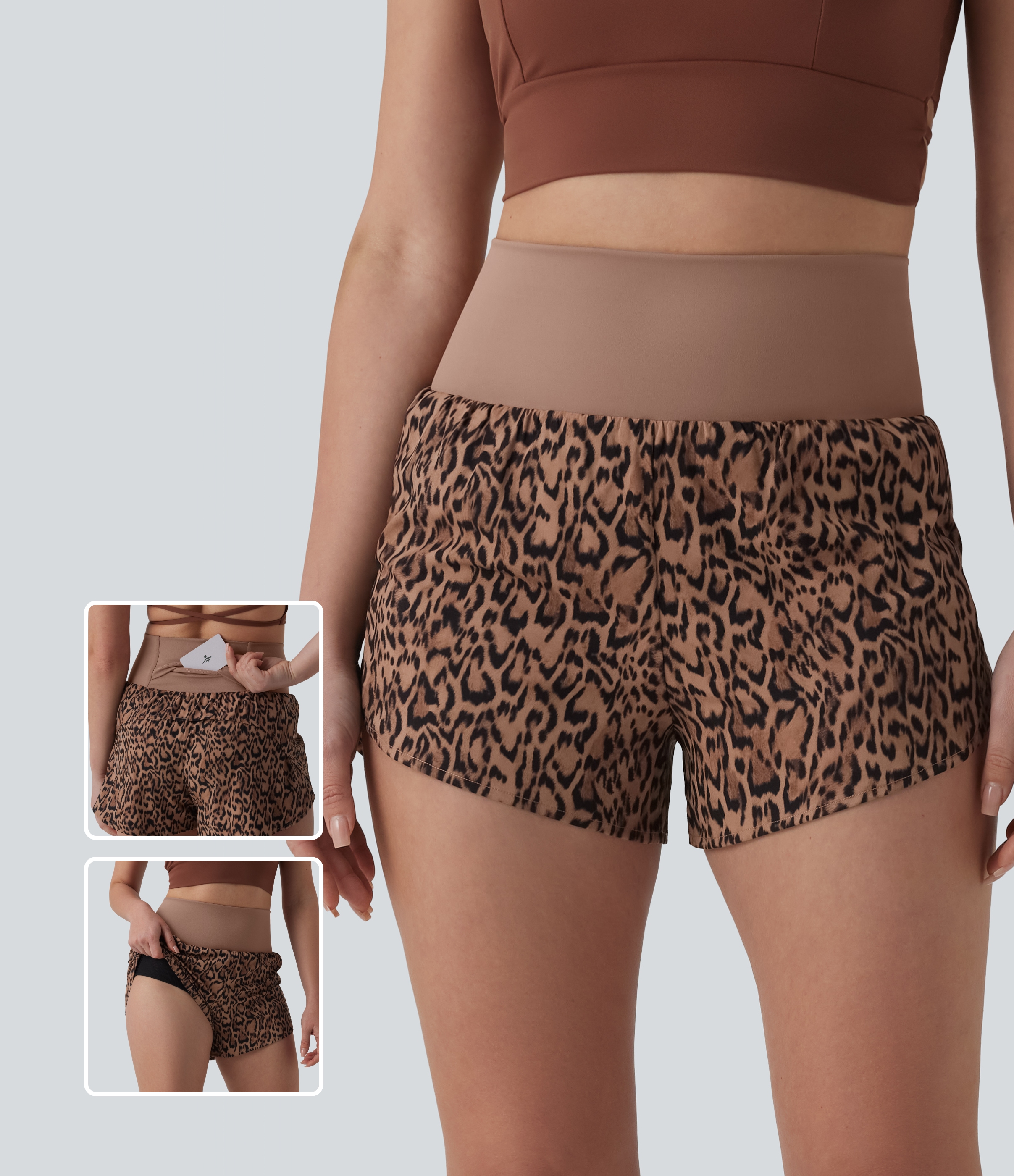 Short de running 2-en-1 taille haute imprimé léopard 7,5 cm avec poche