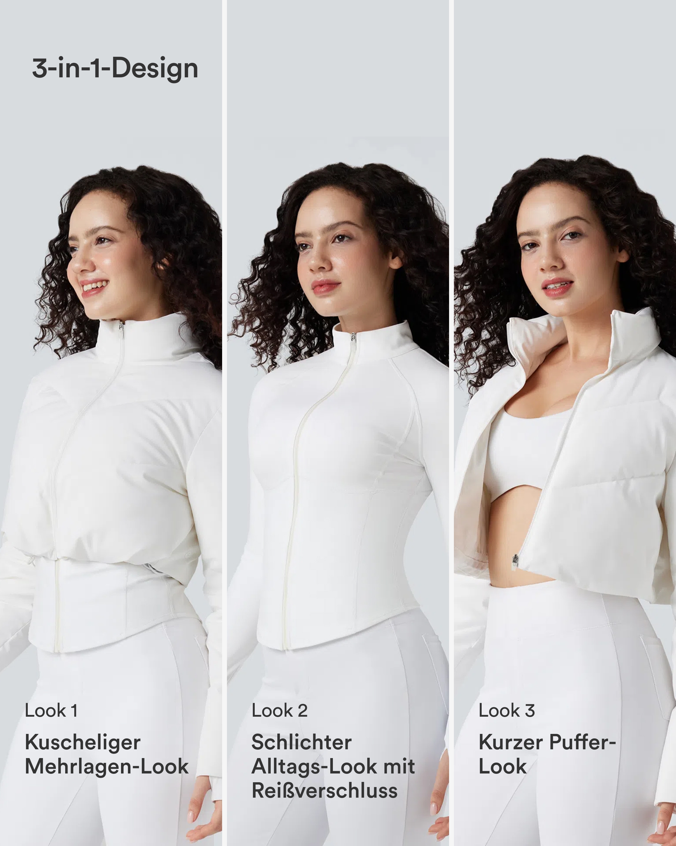 Weiß Lässige, kurze 3-in-1 Stretch-Pufferjacke mit Stehkragen, Seitentaschen, langen Ärmeln, Daumenlöchern und geschwungenem Saum / 2