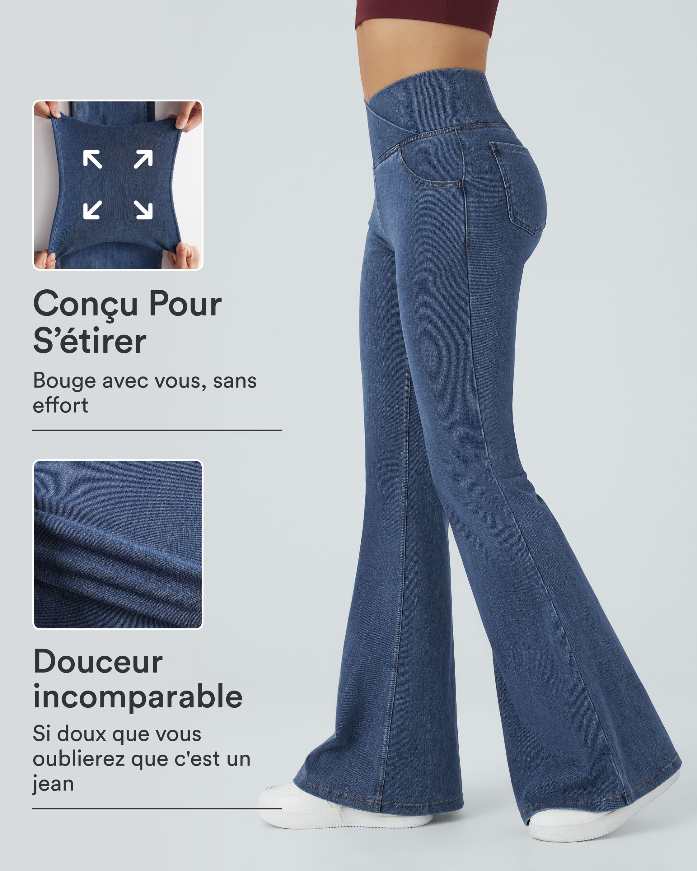 Halara Flex™ - Jean Ultra Evasé Tricot Extensible Lavé Poches Croisées Taille Haute