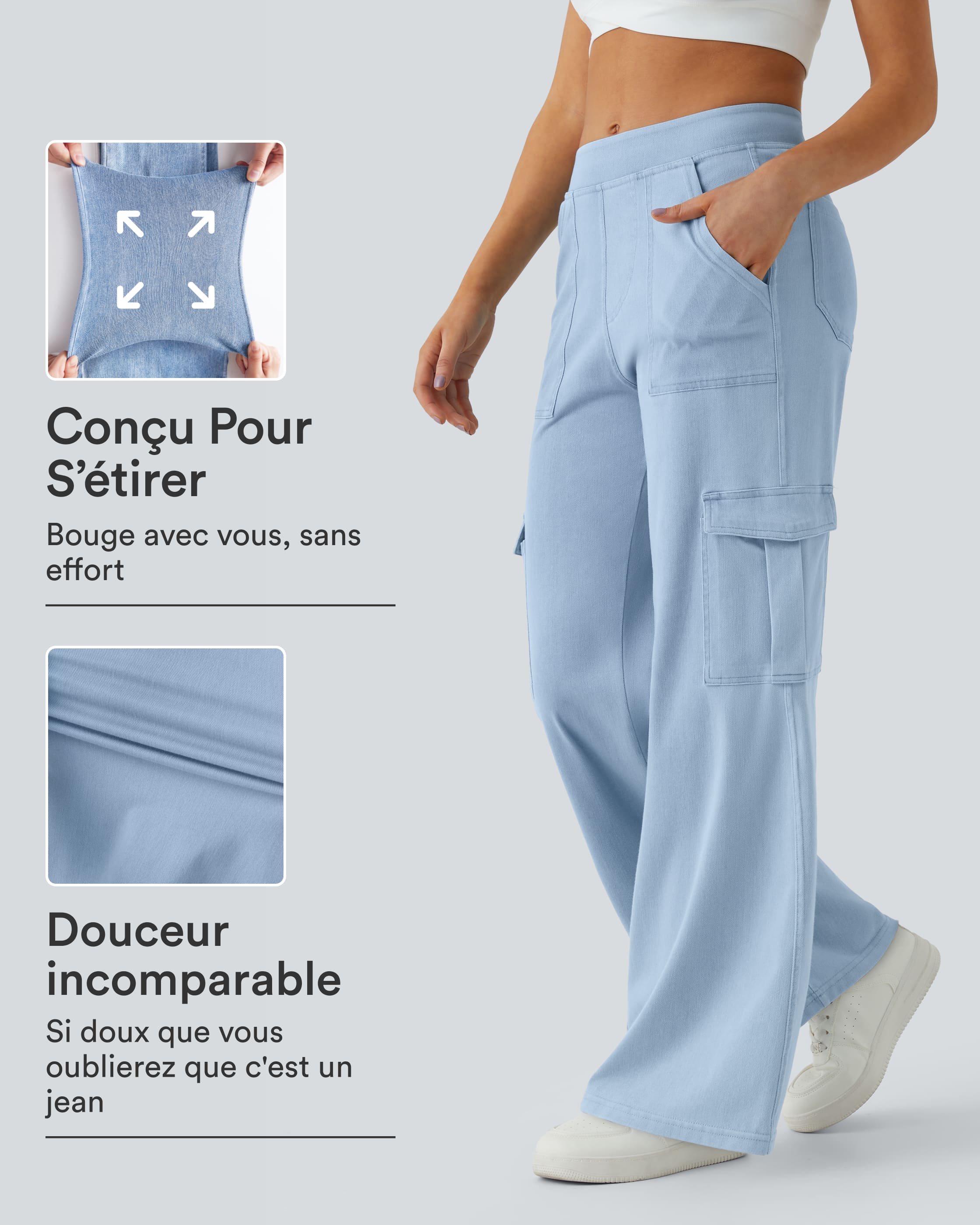 Halara Flex™ Mid-Rise Multiple Pockets Straight Leg Stretch Casual Cargo Jeans