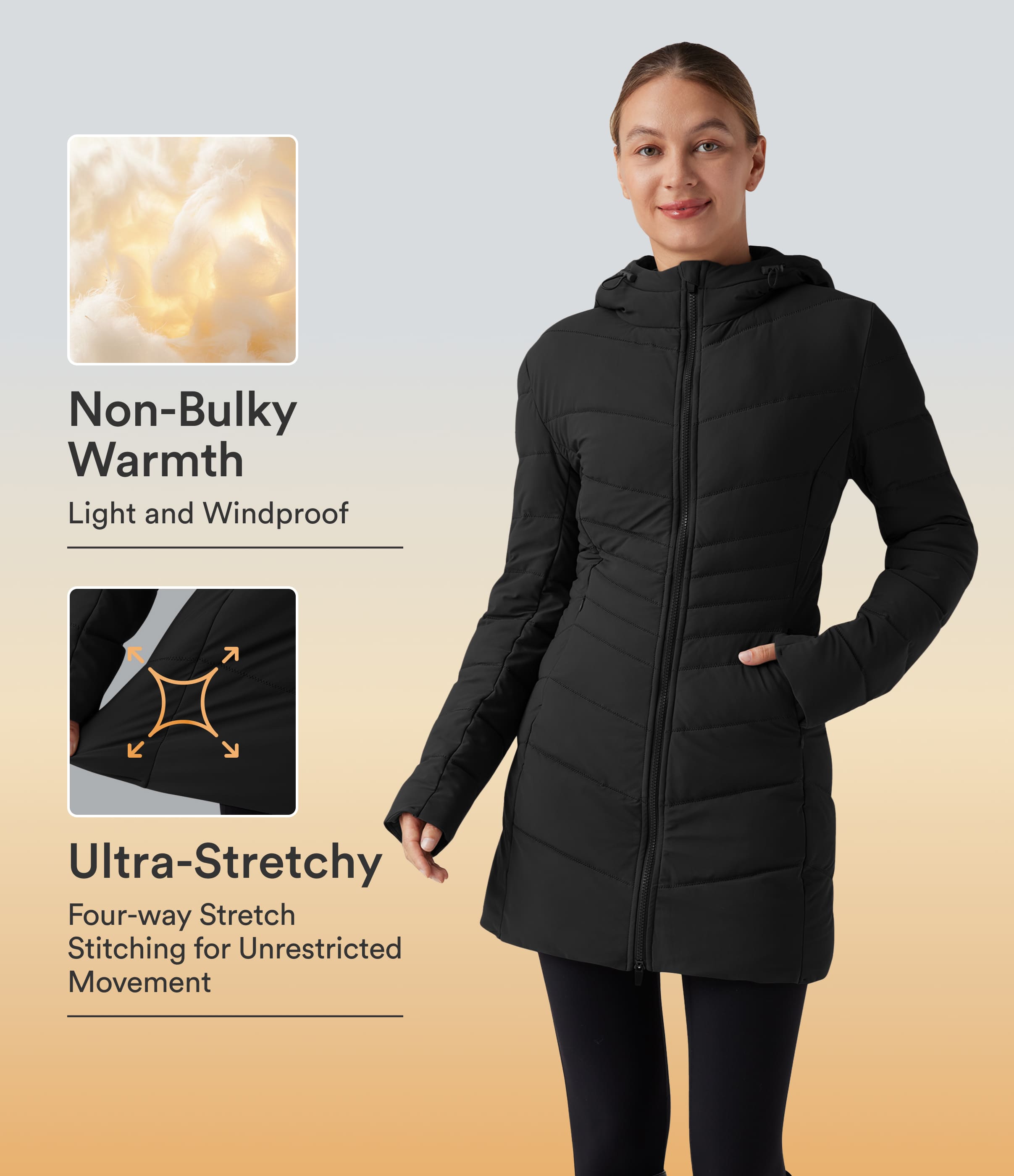 Lang geschnittene, dehnbare, lässige, gepolsterte Jacke mit Kapuze und Taschen