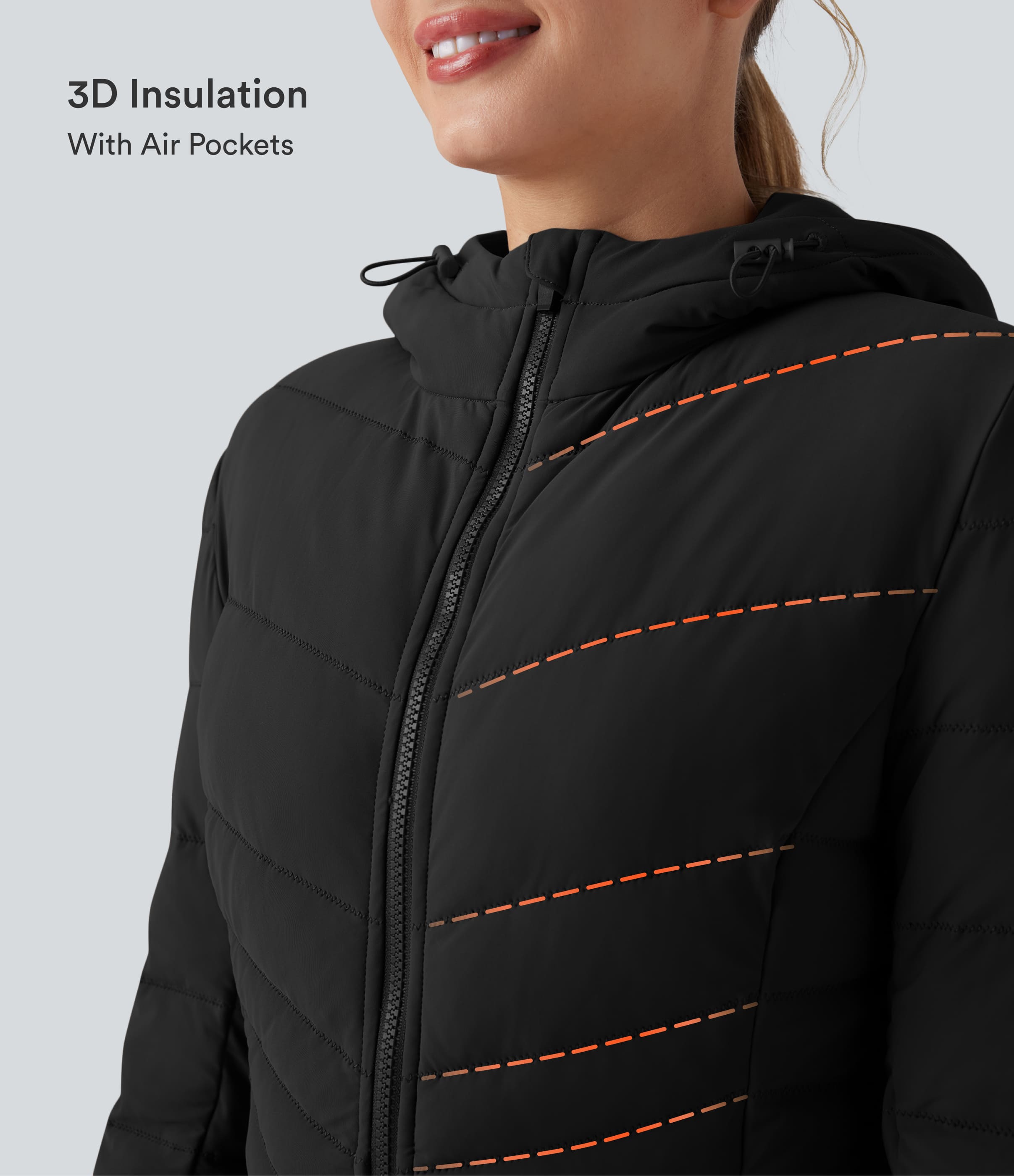 Schwarz Lang geschnittene, dehnbare, lässige, gepolsterte Jacke mit Kapuze und Taschen / 2