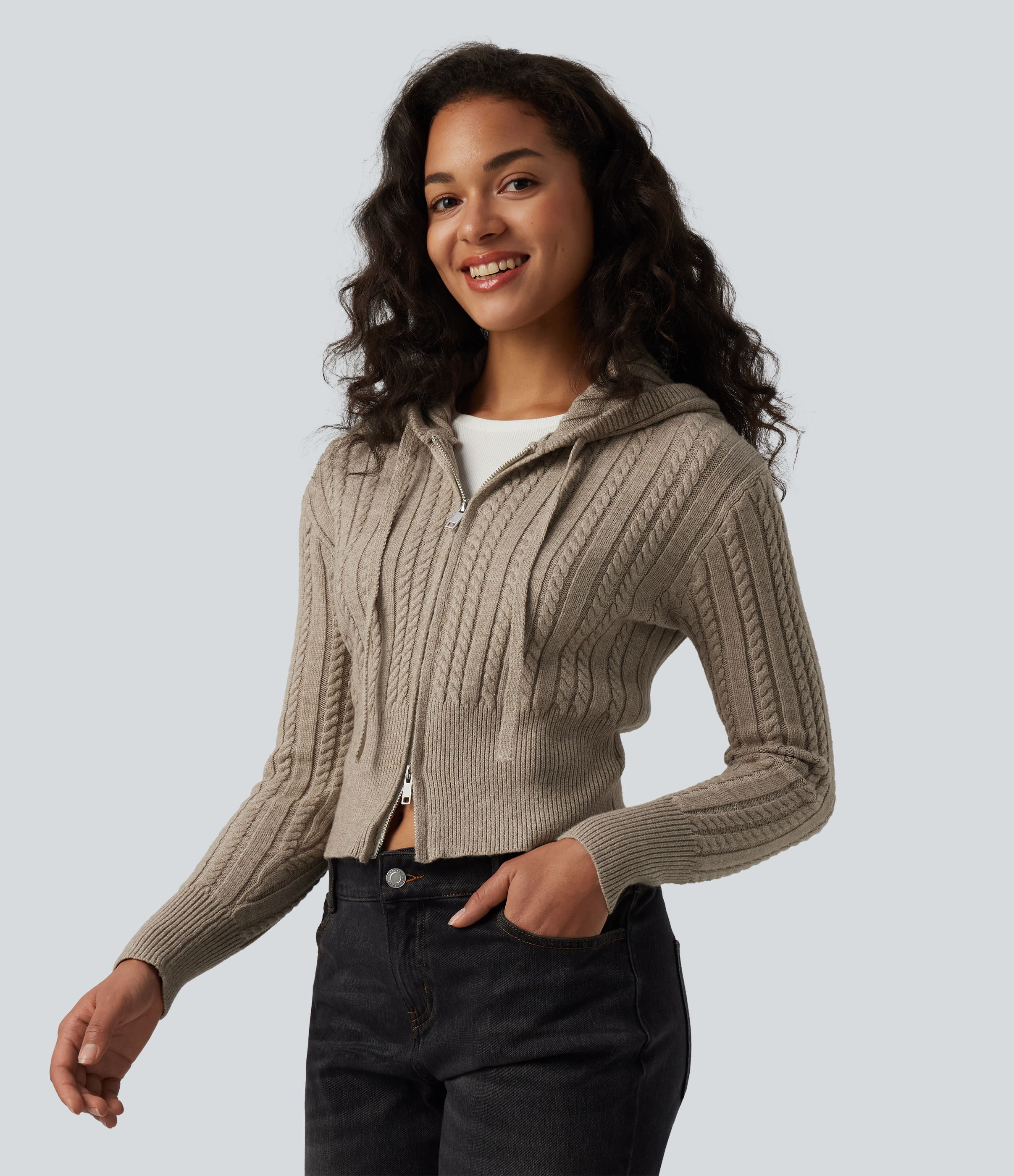 Hooded Zip Fly Cable Knit Casual Cardigan