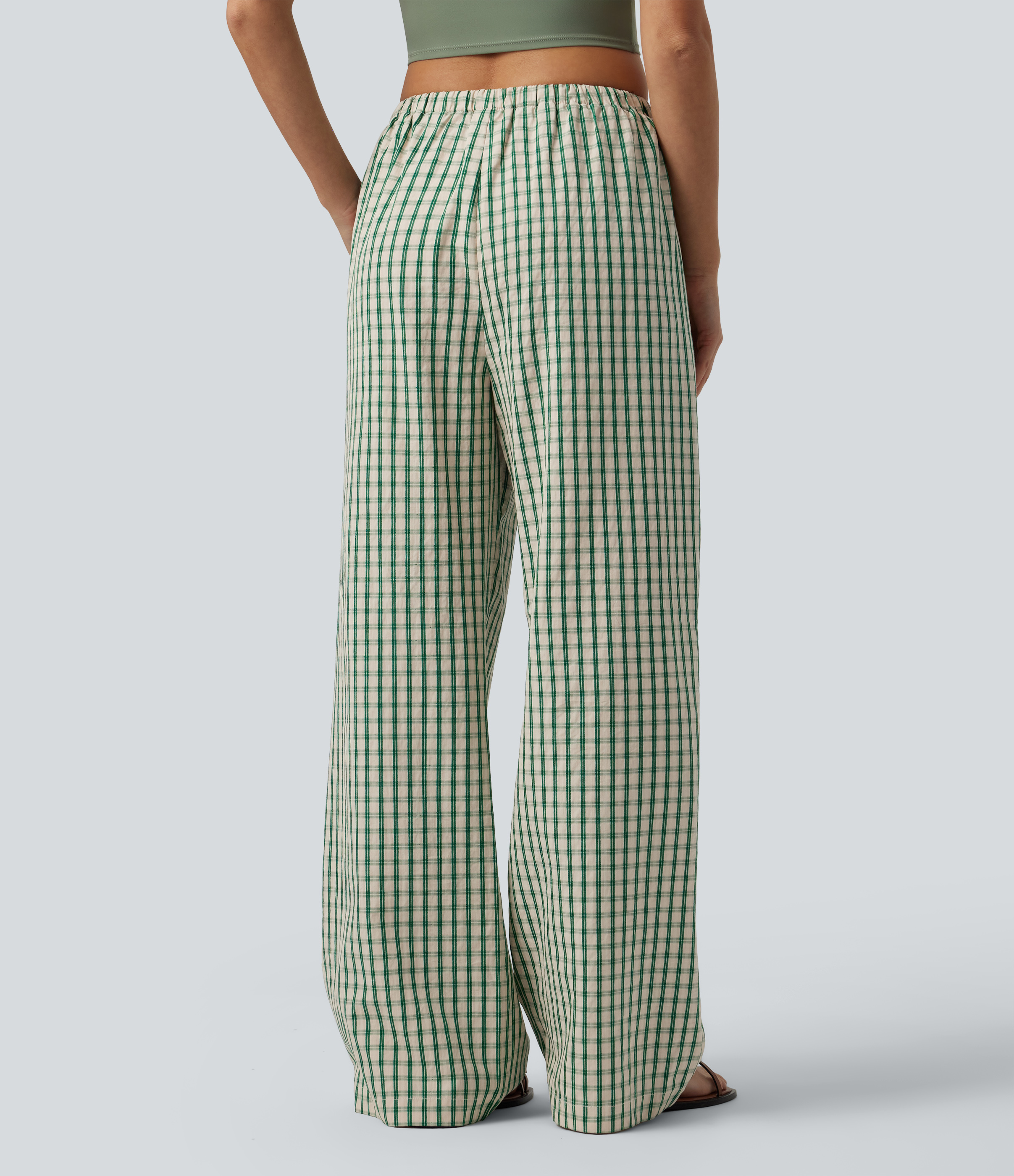 Forest Meadow Plaid Lässige Hose mit mittelhohem Bund, Seitentaschen, Kordelzug, Karomuster und weitem Bein / 2
