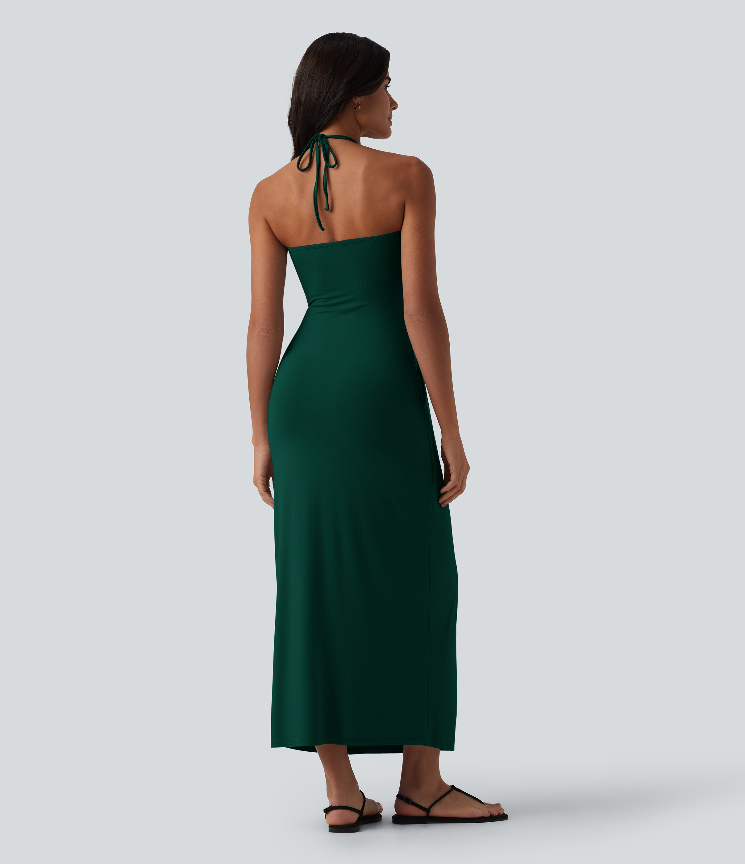 Emerald Green Robe longue dos nu col licou avec nœud et poches / 2