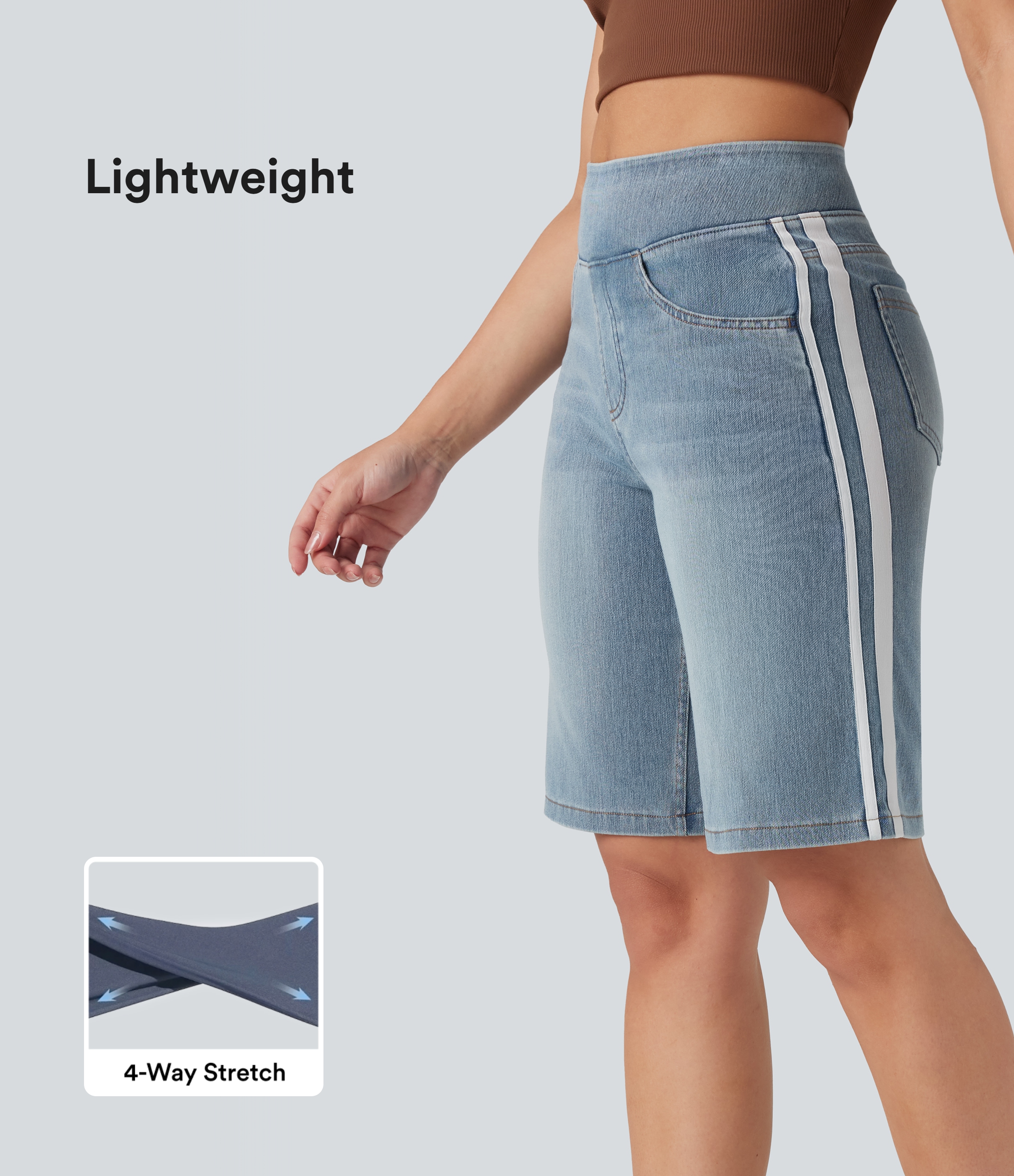 Pantalones cortos holgados informales de mezclilla lavada a rayas de cintura alta Halara Flex™ para mujer con bolsillos