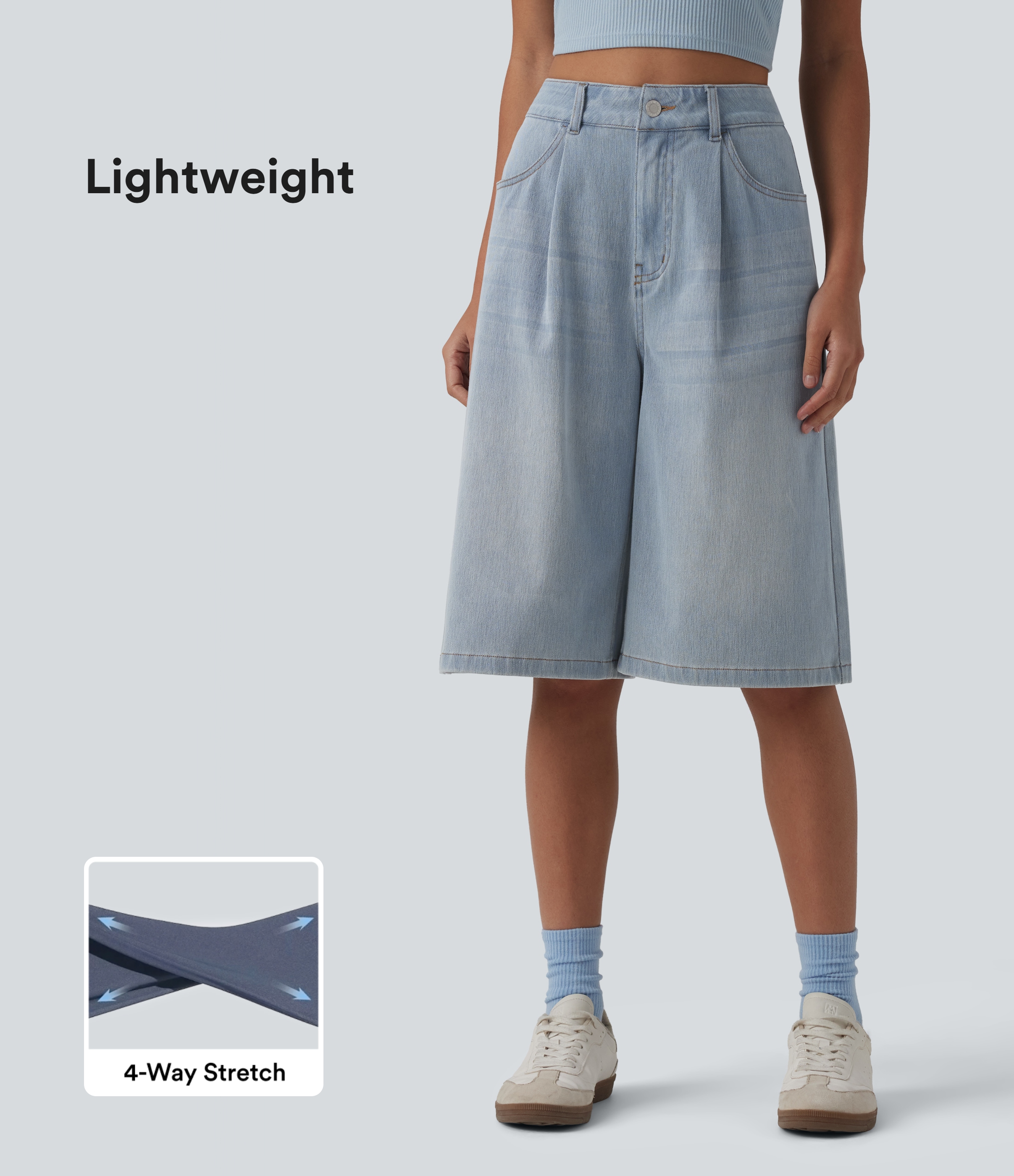 Baltic Sea Blue Denim Halara Flex™ High Waisted Denim Casual Bermuda Shorts with Pockets / 1