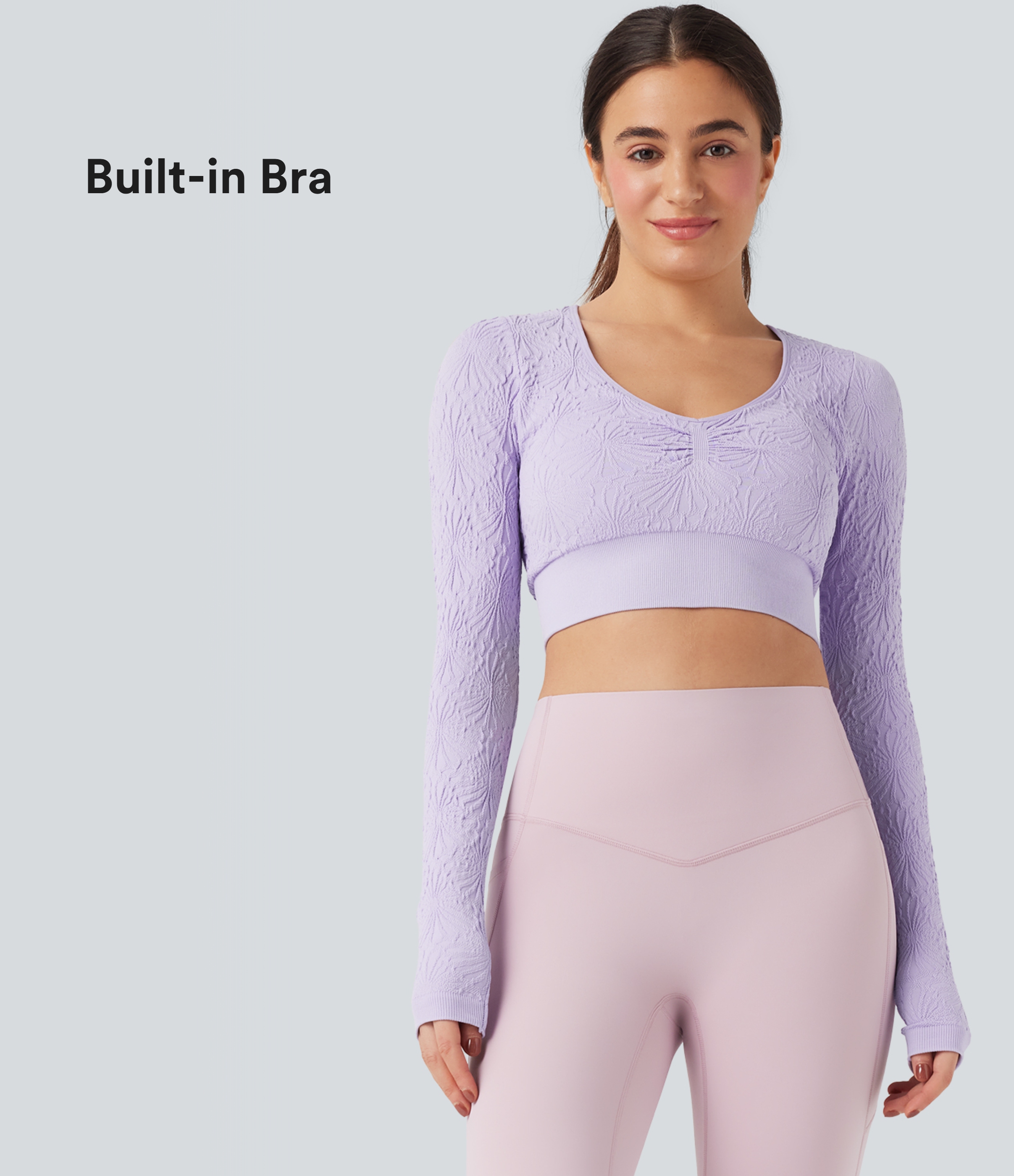 Orchid Petal OneForm Seamless Flow Jacquard Long Sleeve Cropped Slim Yoga Sports Top / 1