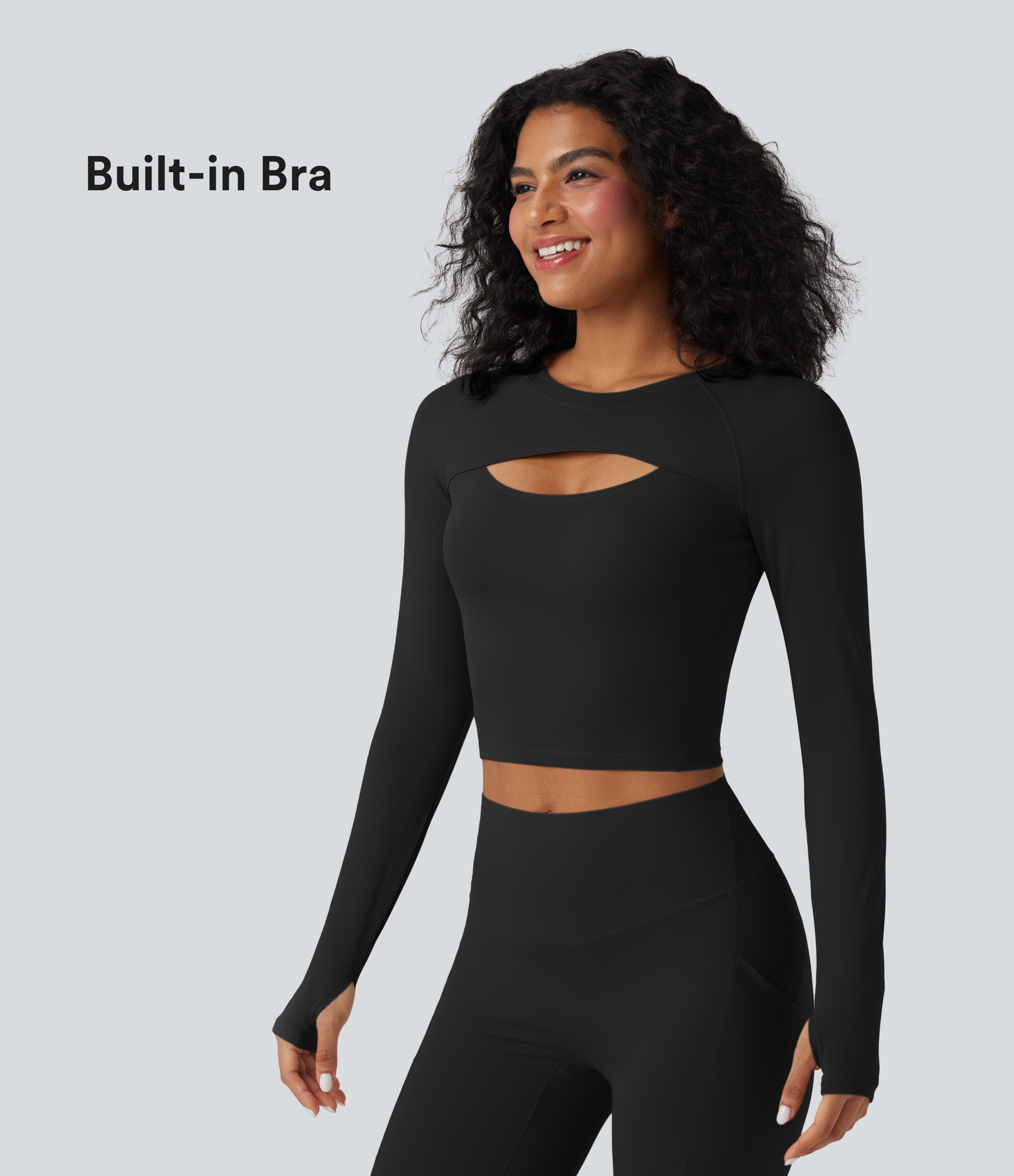 SoftlyZero™ QuickDry Cut Out Long Sleeve Thumb Hole Cropped Yoga Sports Top