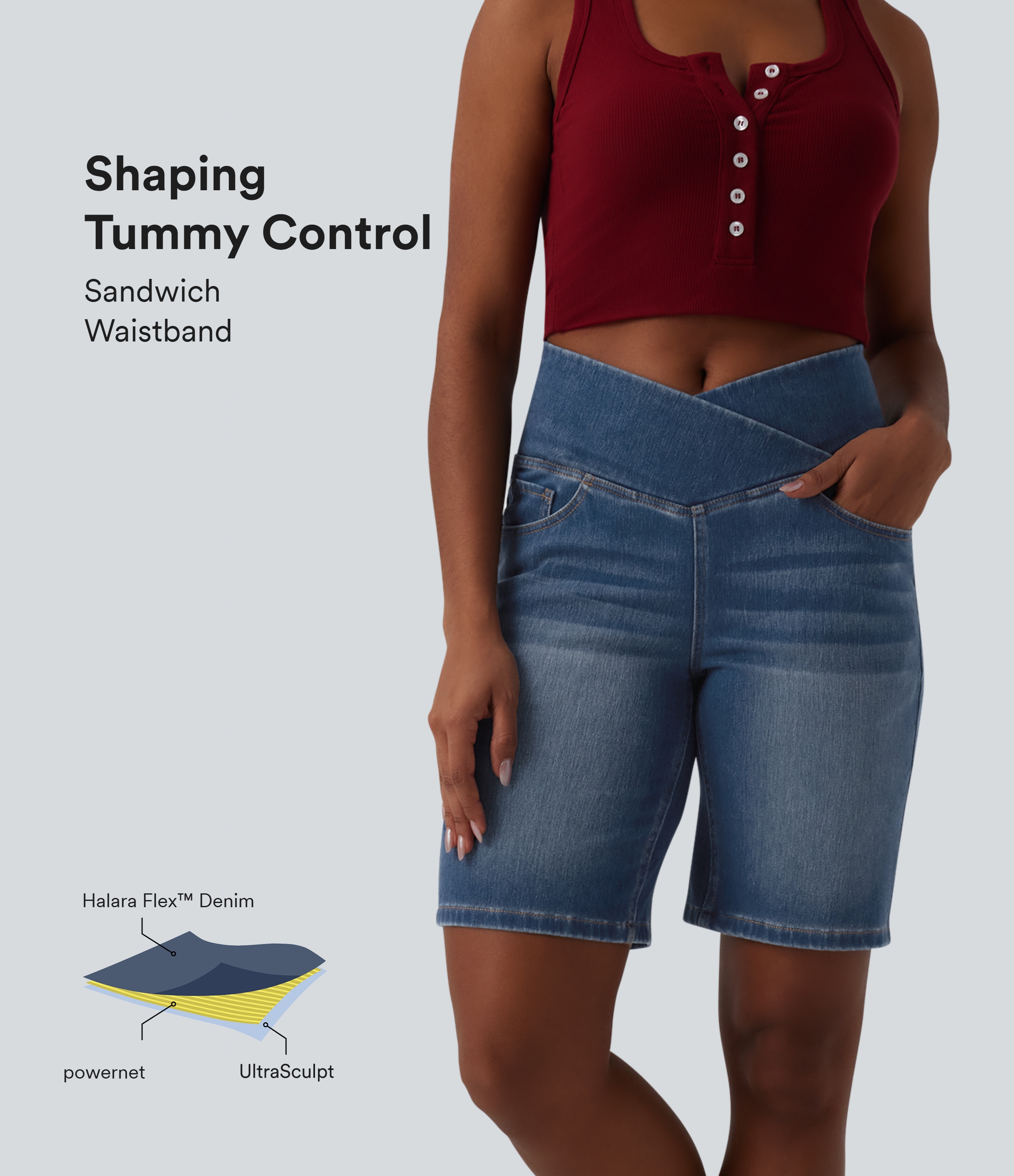 Halara Flex™ High Waisted Crossover Tummy Control Denim Casual Shorts with Pockets