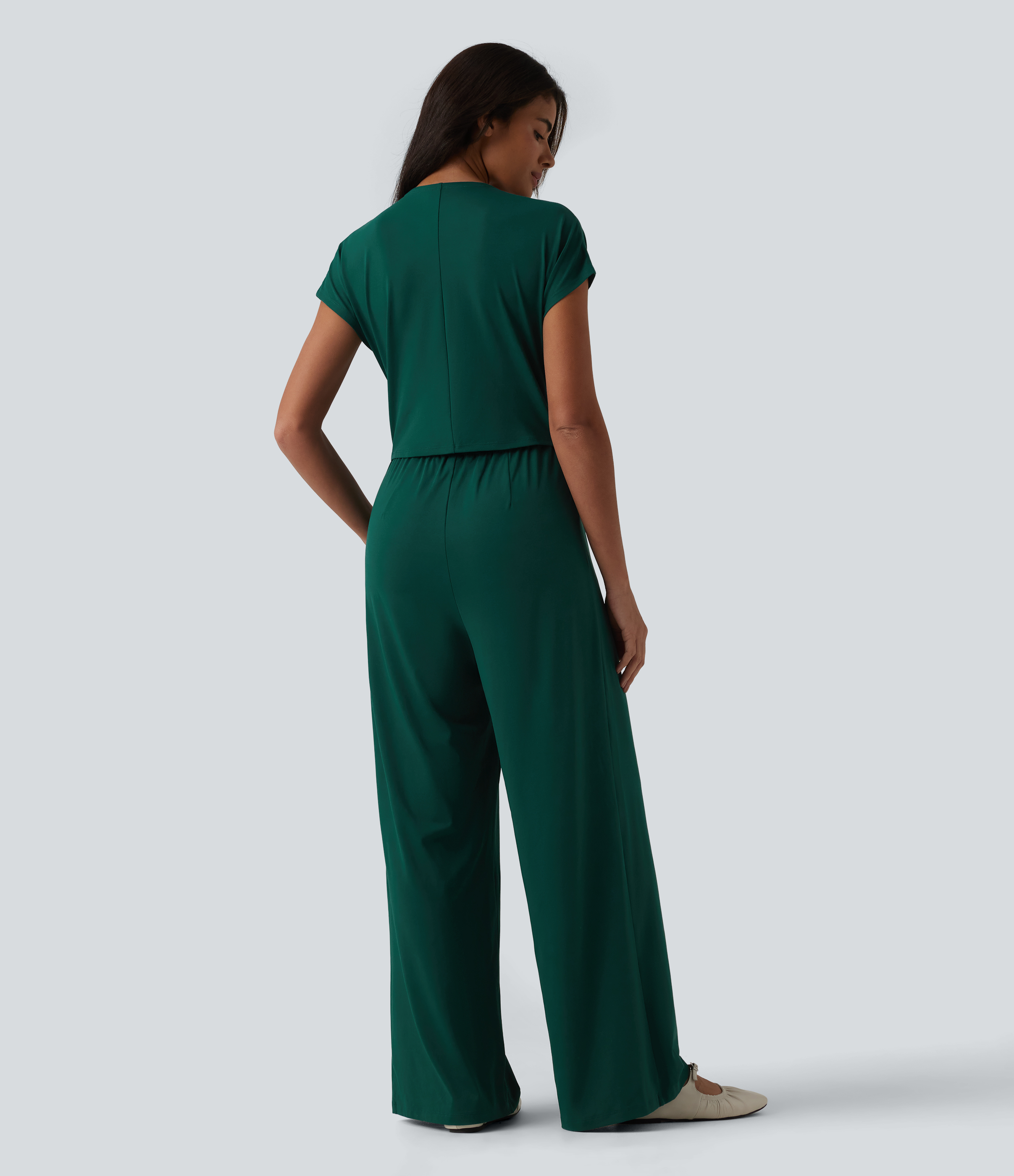Evergreen V Neck Short Sleeve Wide Leg Casual Jumpsuit with Pockets-Easy Peezy Edition / 2