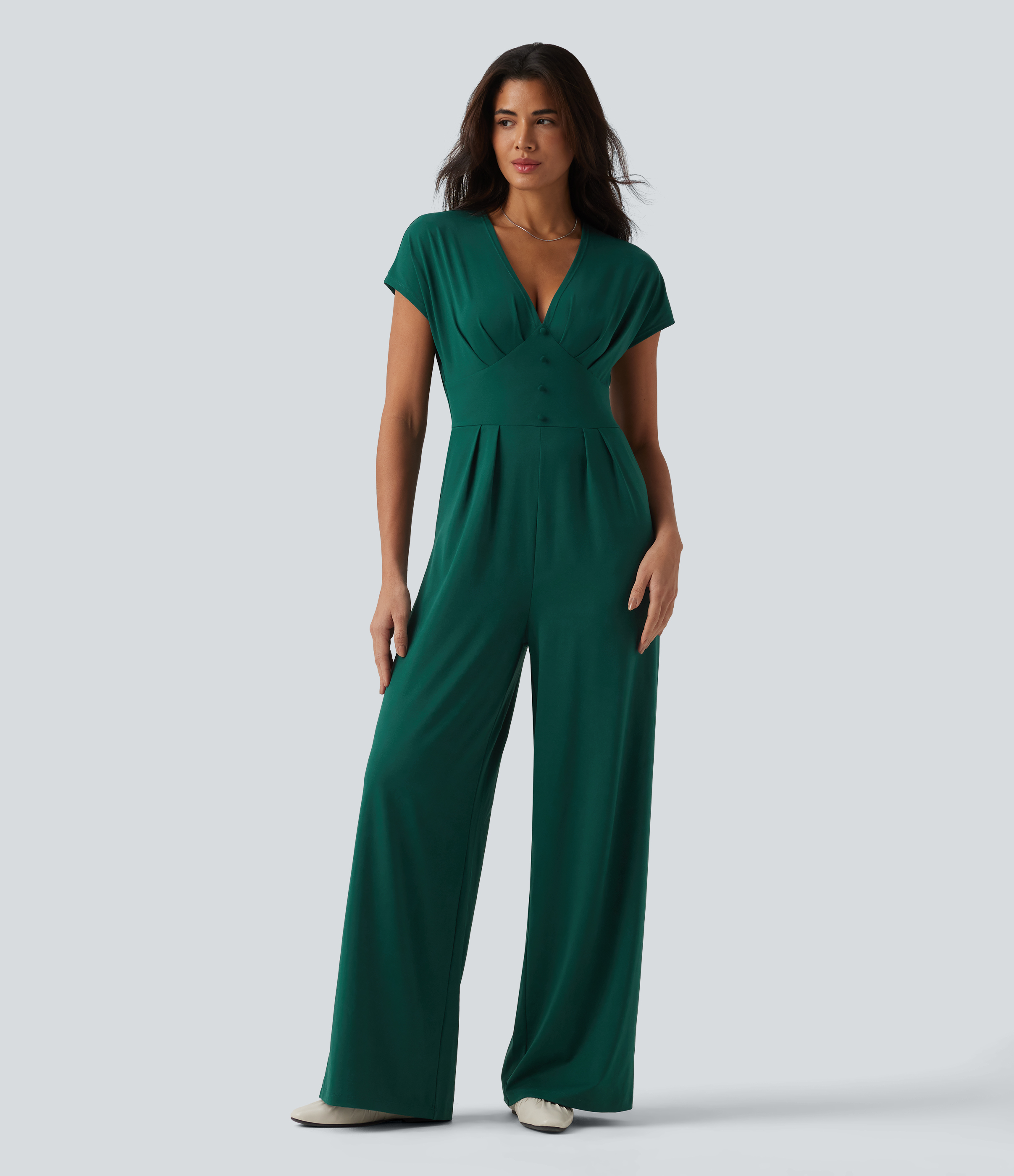 V Neck Short Sleeve Wide Leg Casual Jumpsuit with Pockets-Easy Peezy Edition