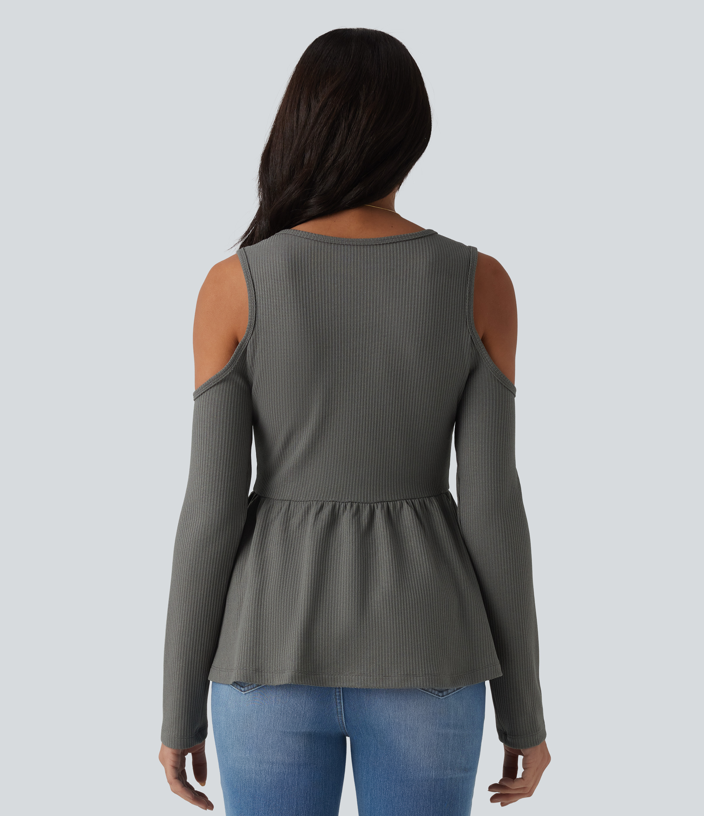 Gray Matter T-shirt décontracté gaufré col rond manches longues découpes ourlet à volants / 2