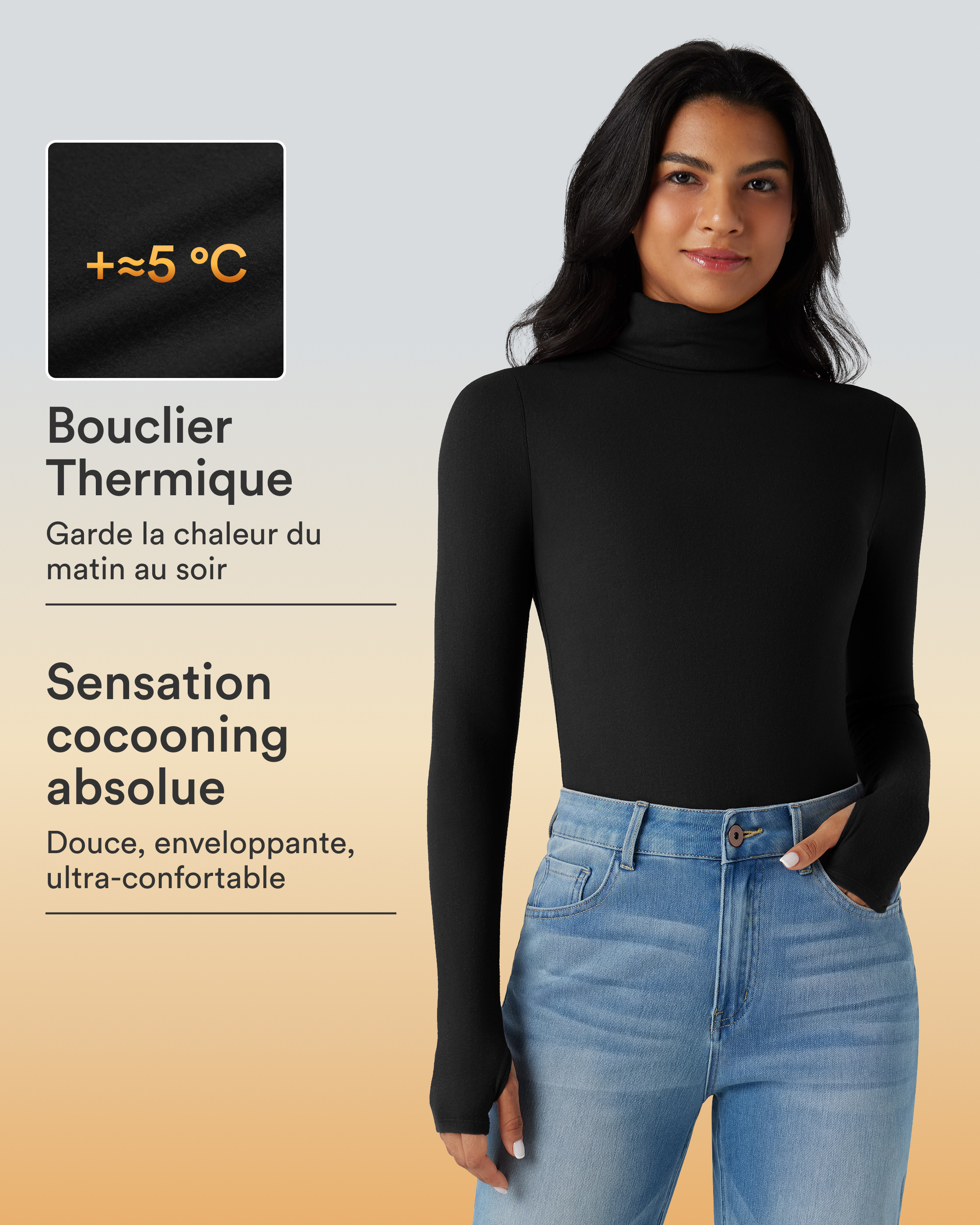 Top réchauffant col roulé manches longues avec trous pouces