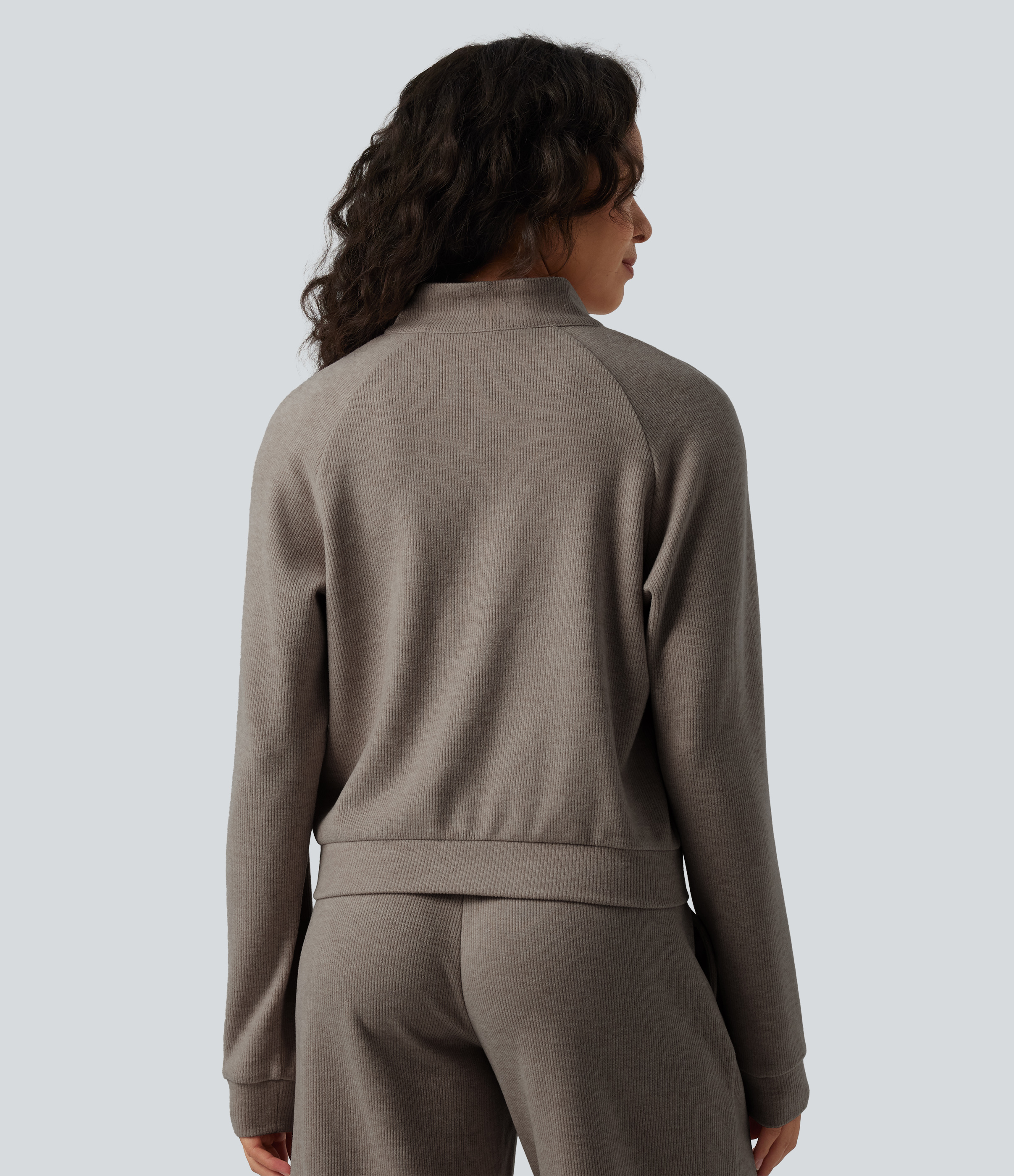  Taupe Stripe Casual jas met rits, geribbelde opstaande kraag, lange mouwen en zakken / 2