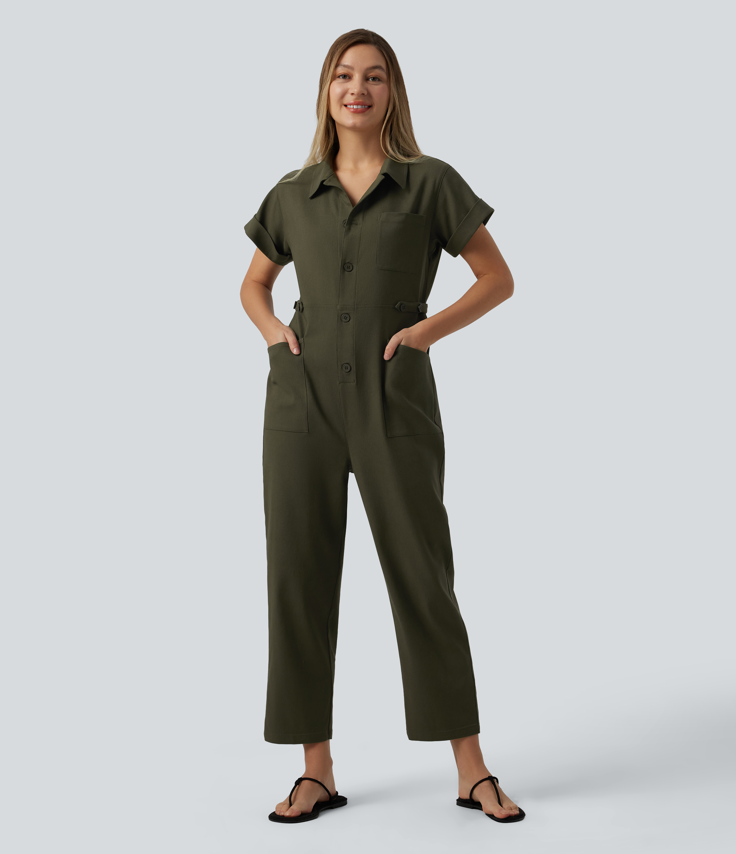 Short Sleeve Casual Jumpsuit with Pockets