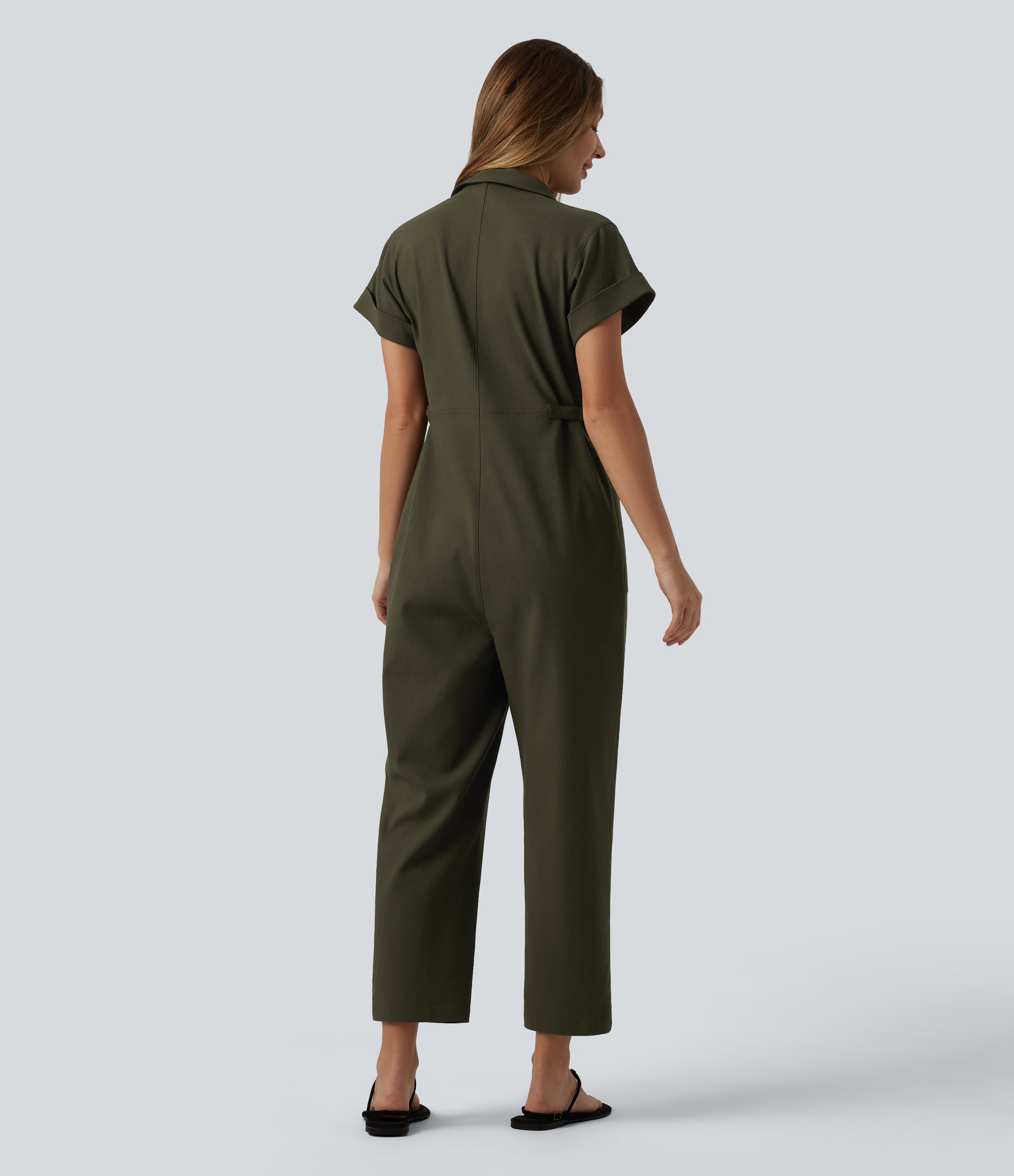 Hemp Rope Brown Short Sleeve Casual Jumpsuit with Pockets / 2
