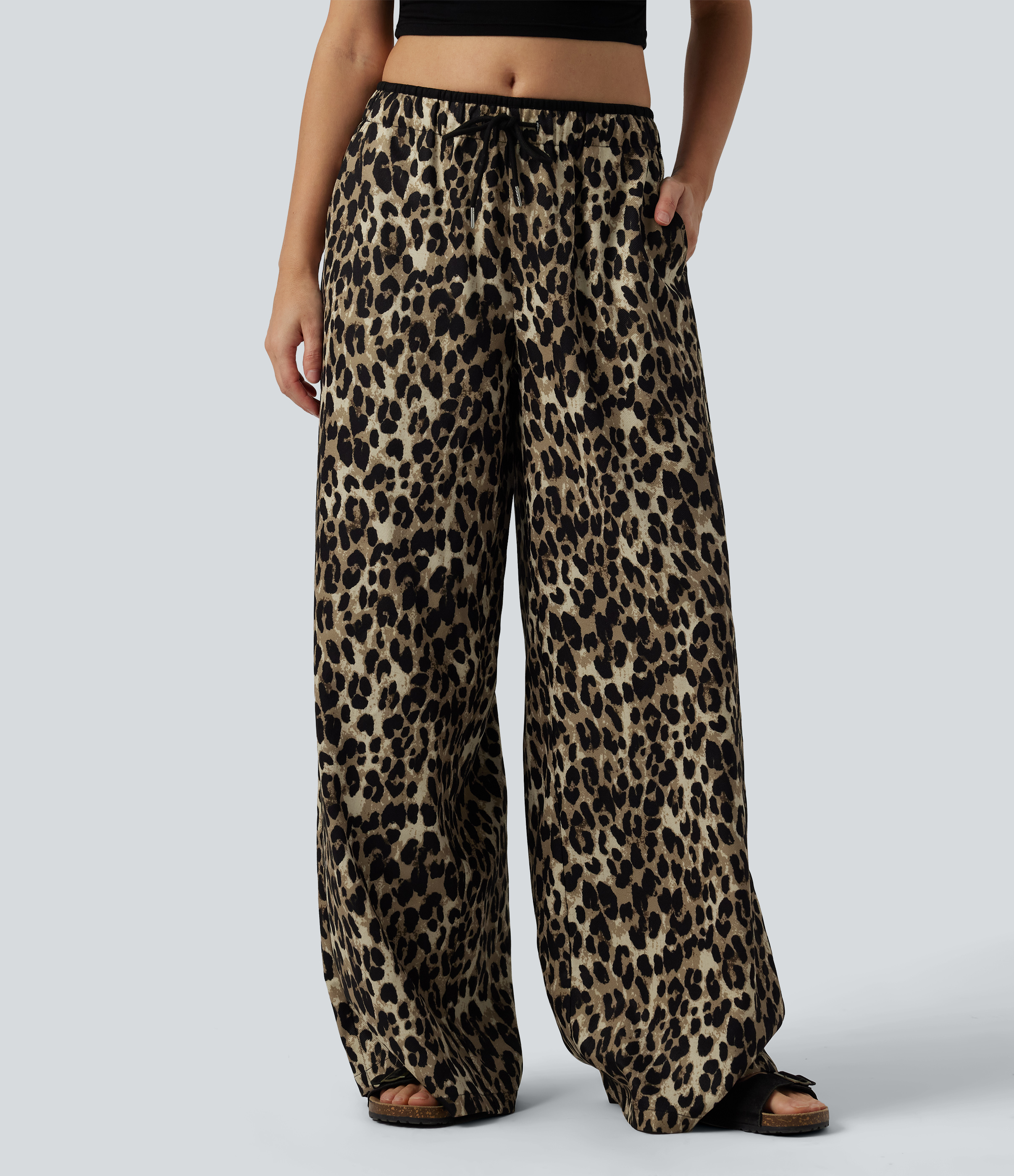 Pantalon large décontracté imprimé léopard taille basse avec cordon de serrage et poches