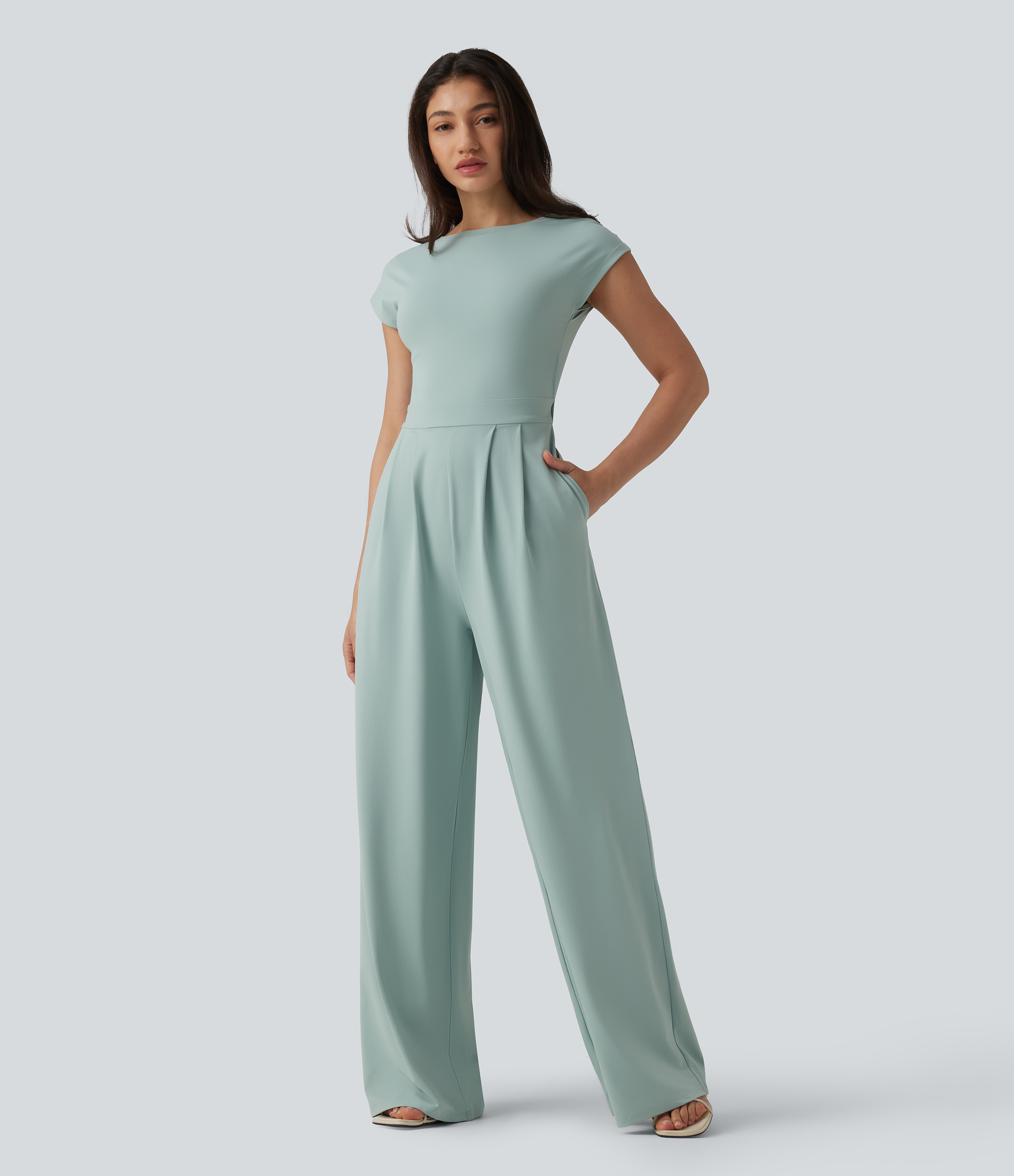 Blue Haze Twisted Backless Built-in Bra Casual Jumpsuit with Pockets-Easy Peezy / 2