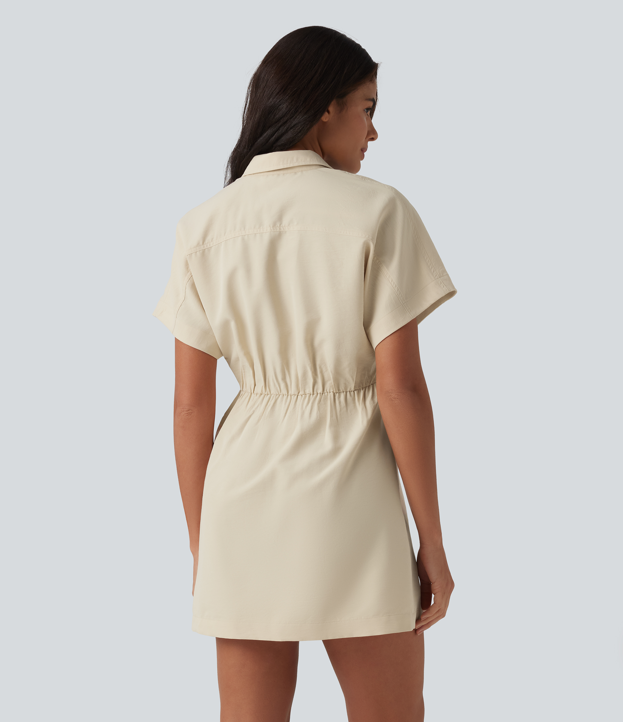 Almond Milk Short Sleeve Mini Work Shirt Dress with Pocket / 2