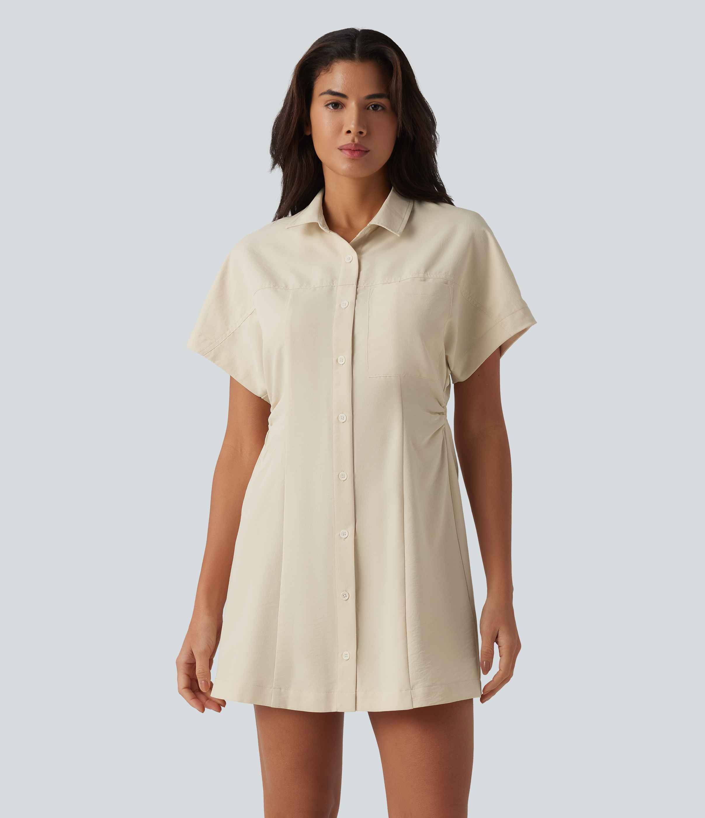 Short Sleeve Mini Work Shirt Dress with Pocket