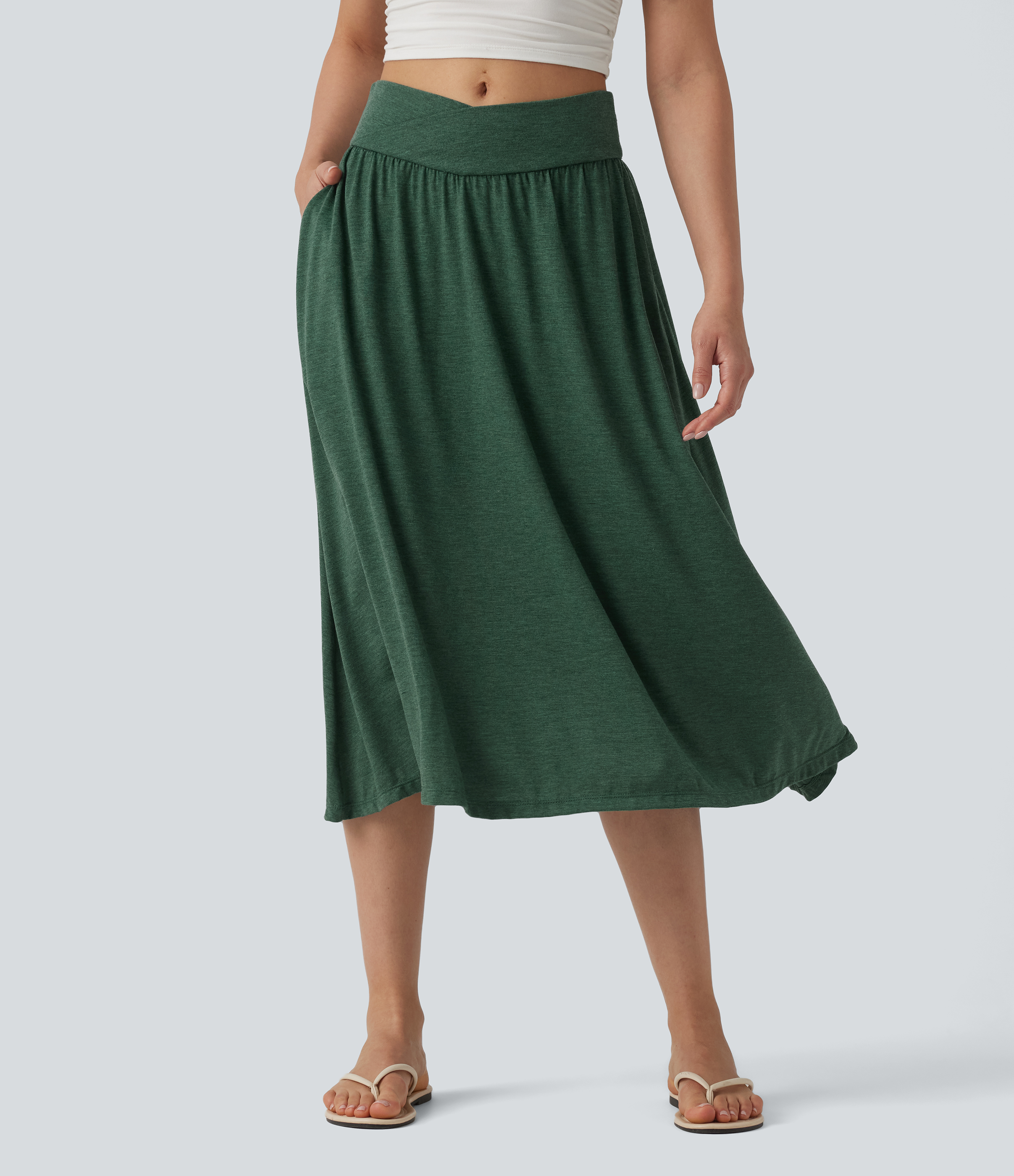 Jupe midi casual fluide croisée taille haute avec poches