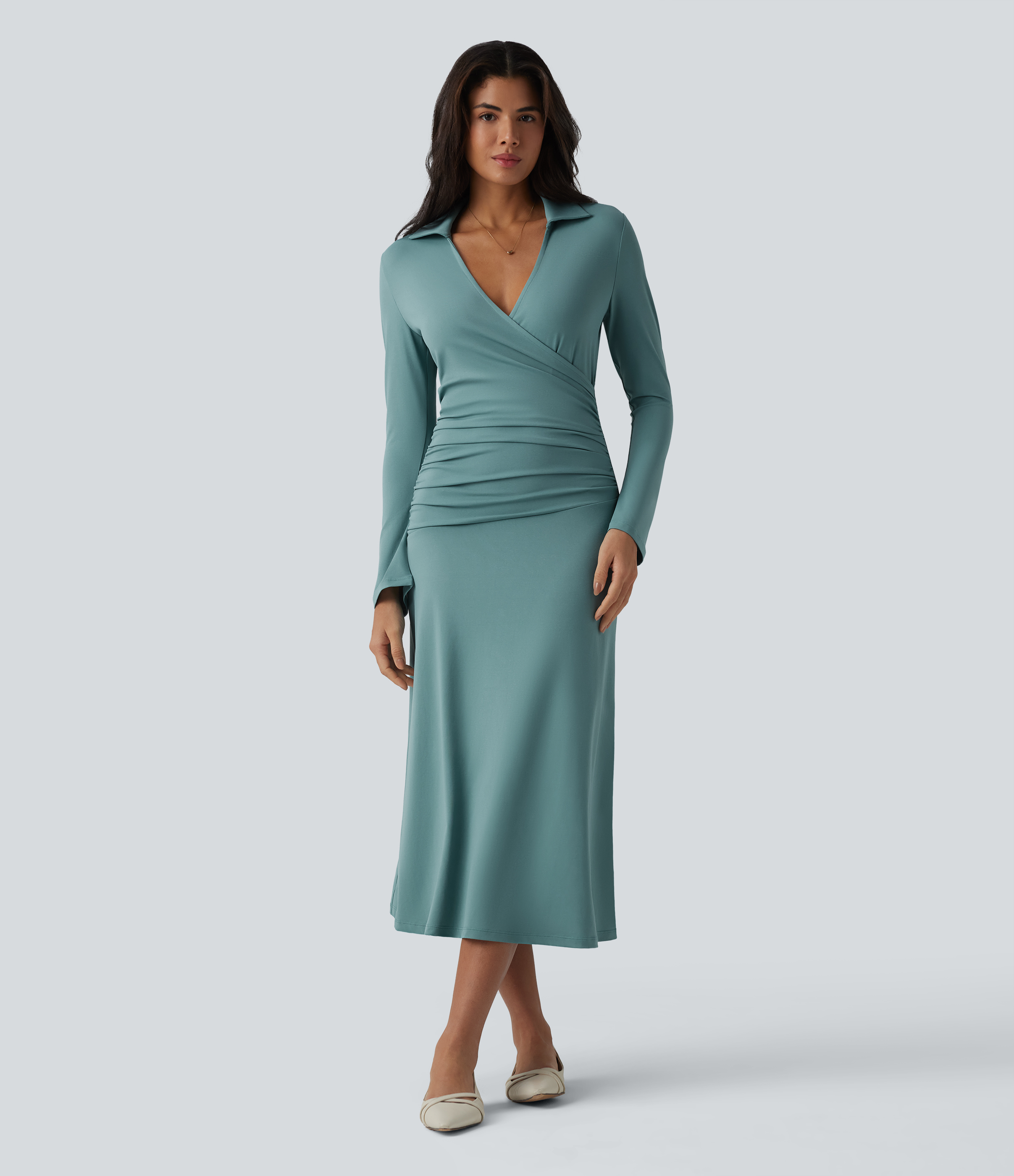 V Neck Long Sleeve Ruched Midi Casual Dress