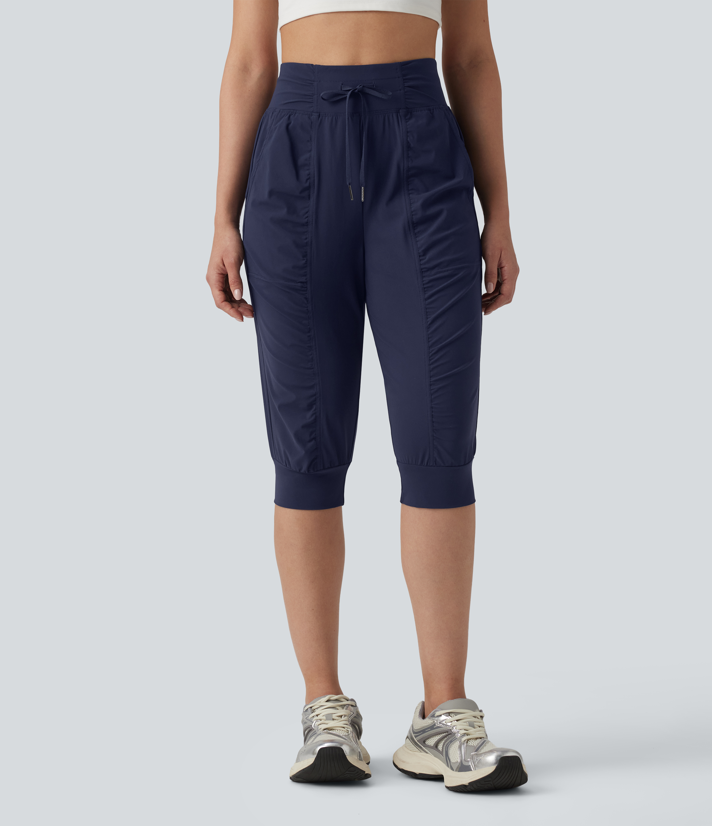High Waisted Drawstring Ruched Tapered Pedal Pusher Quick Dry Cool Touch Dance Joggers with Pockets-UPF40+