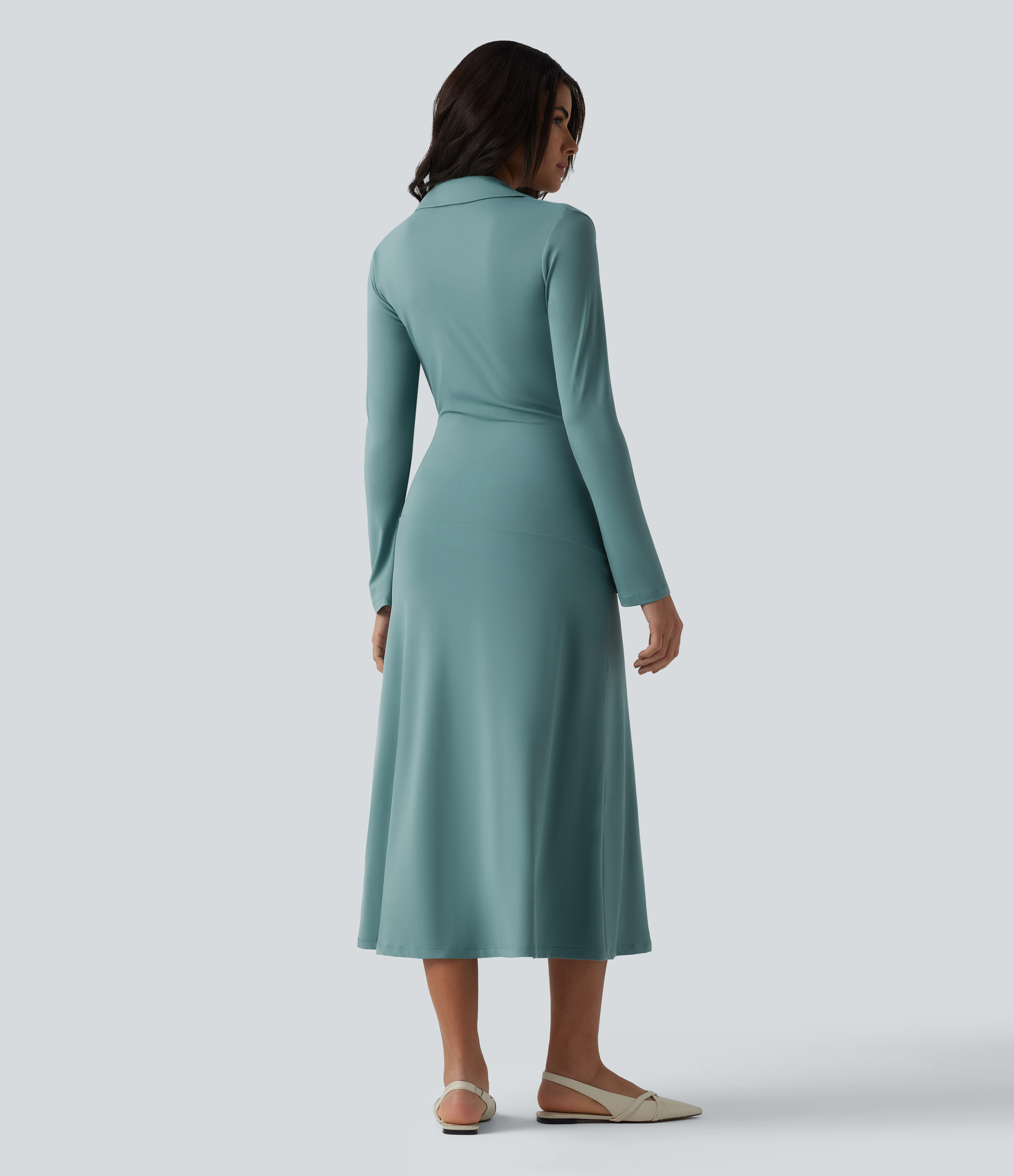 Azure Robe mi-longue décontractée à col en V, manches longues et fronces / 2