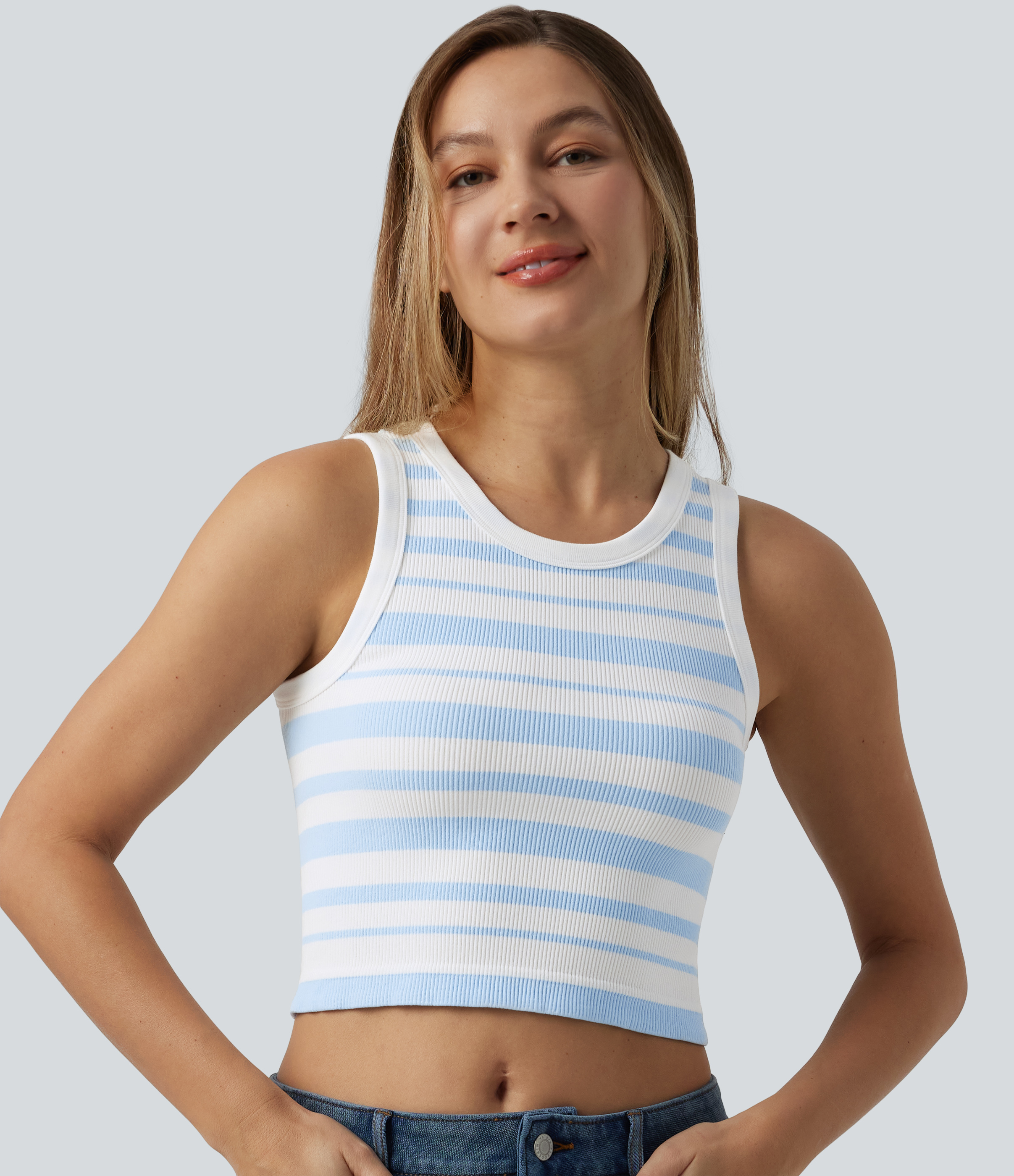 OneForm Seamless Flow Round Neck Stripe Cropped Casual Tank Top