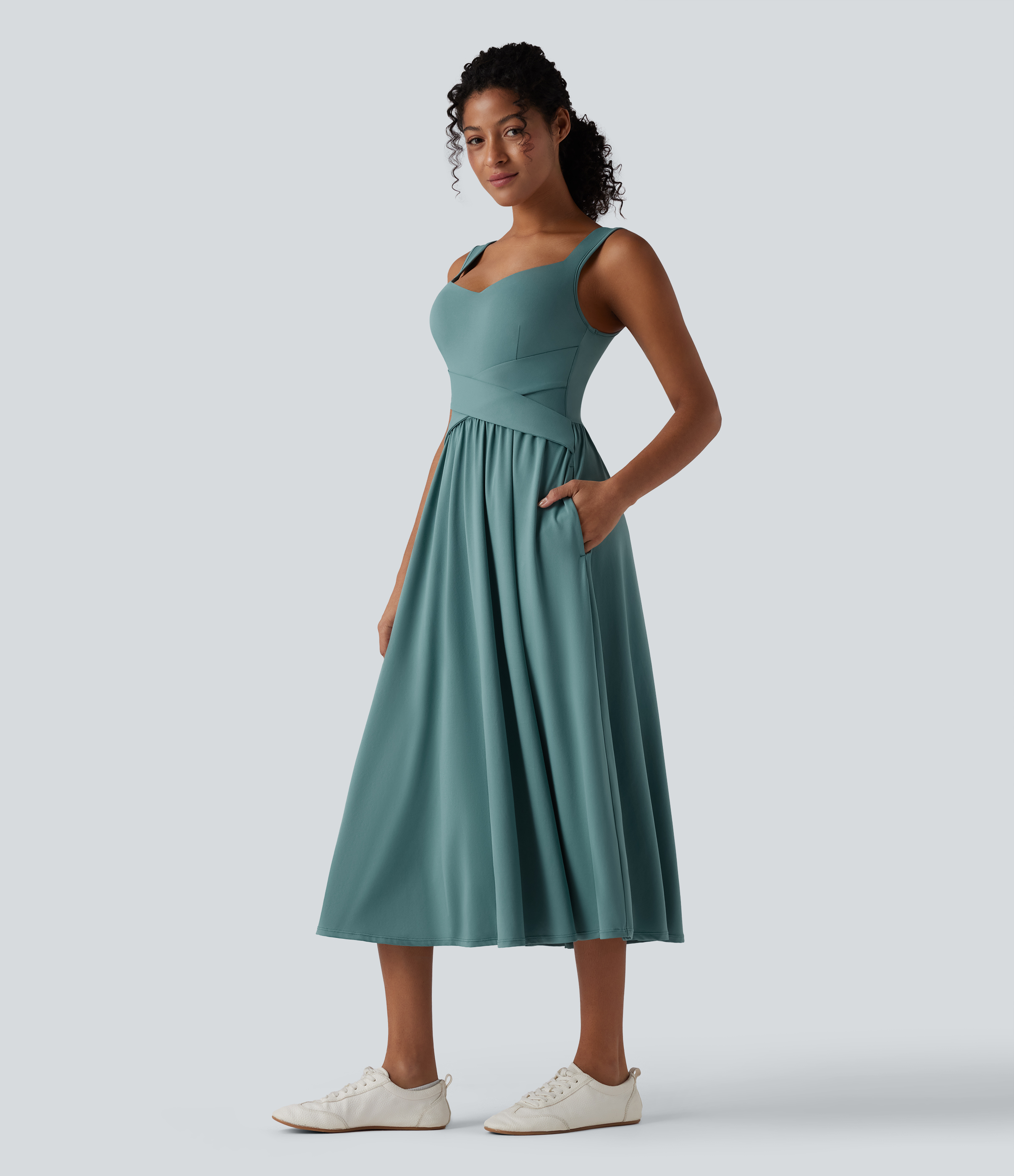 Sleeveless Backless Crossover Flowy Midi Casual Dress with Pockets