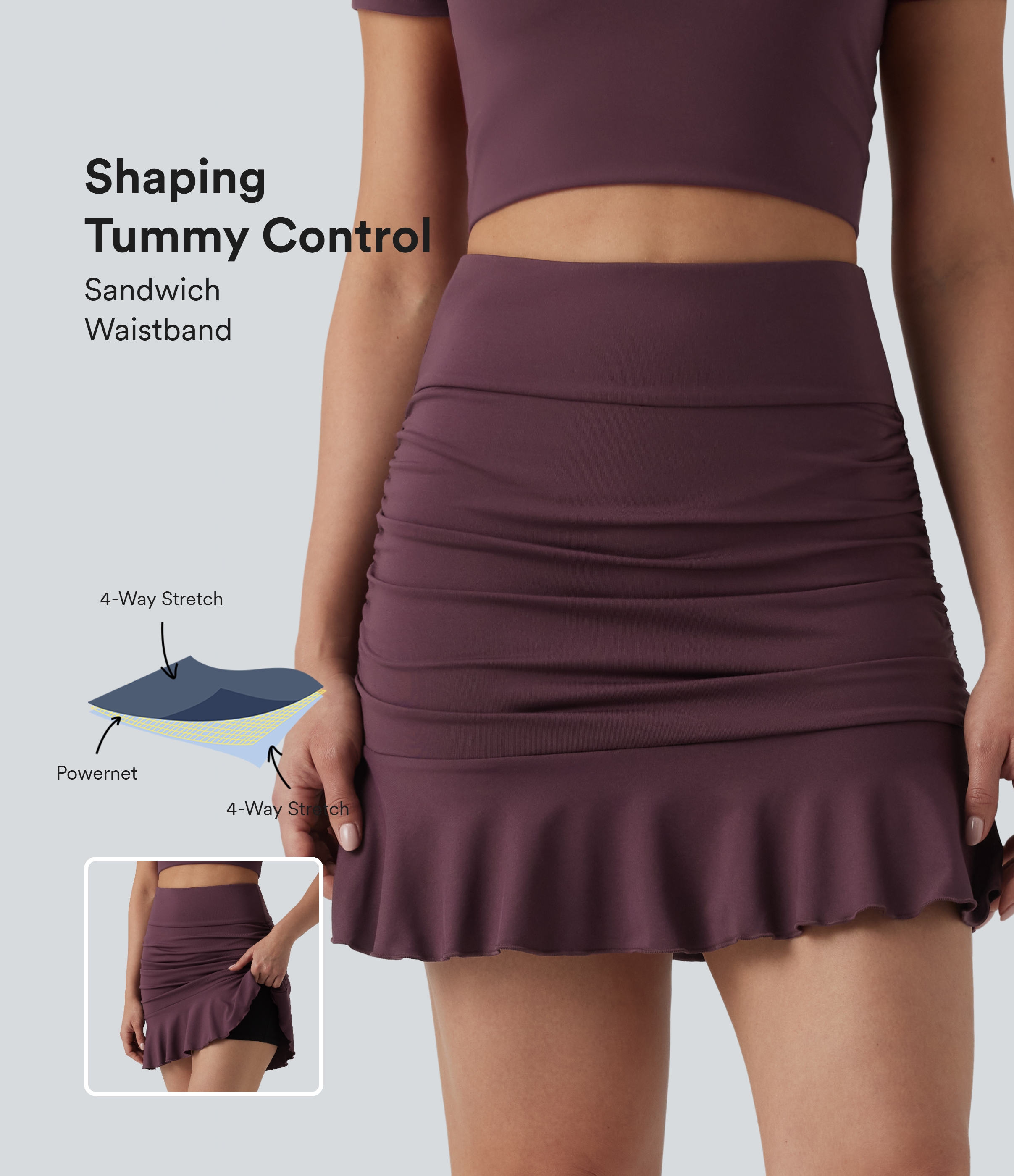 High Waisted Tummy Control 2-in-1 Ruched Ruffle Hem Bodycon Mini Casual Skirt
