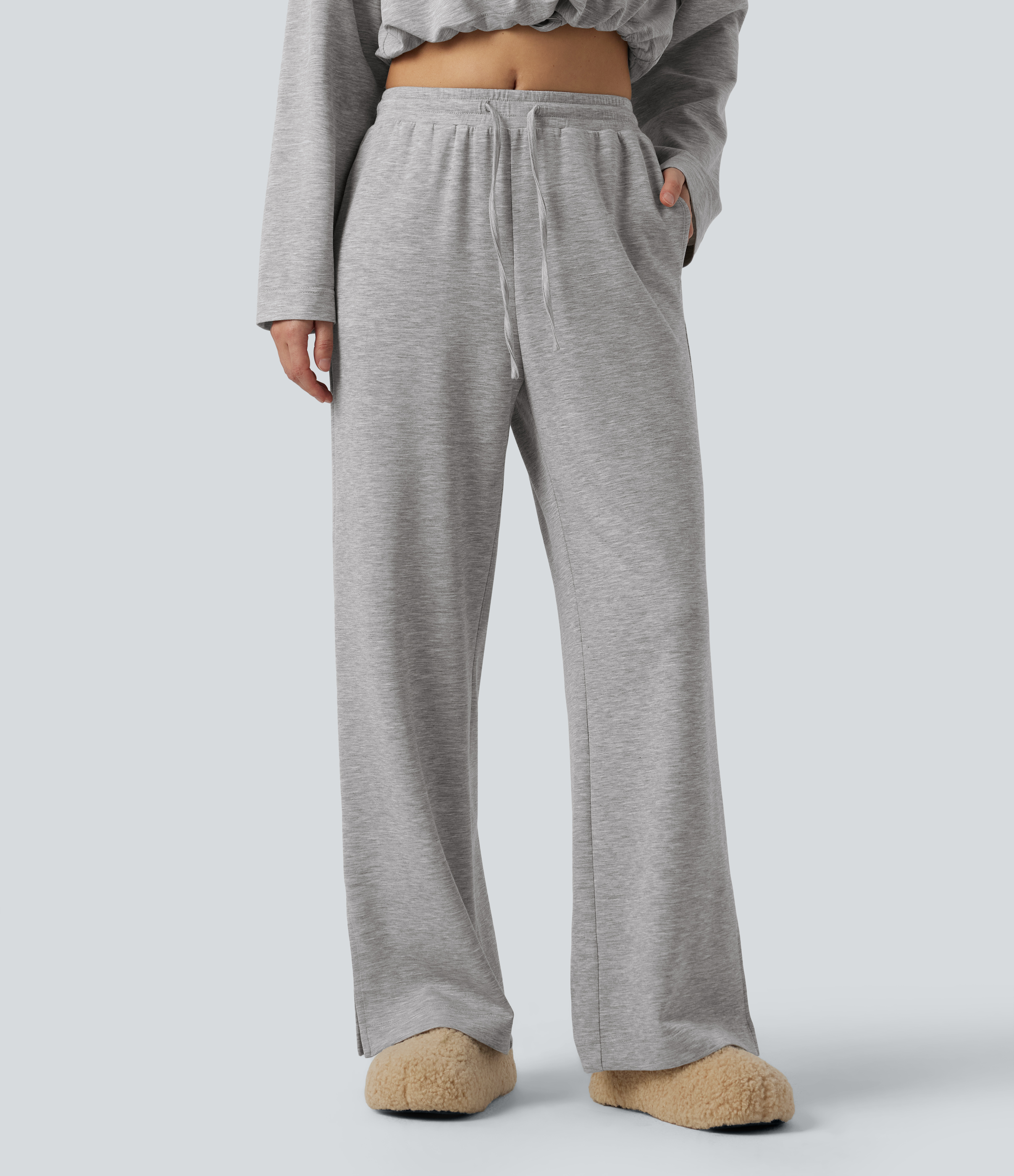 Lounge-Sweatpants mit hohem Bund, Seitentaschen, Kordelzug und weitem Bein