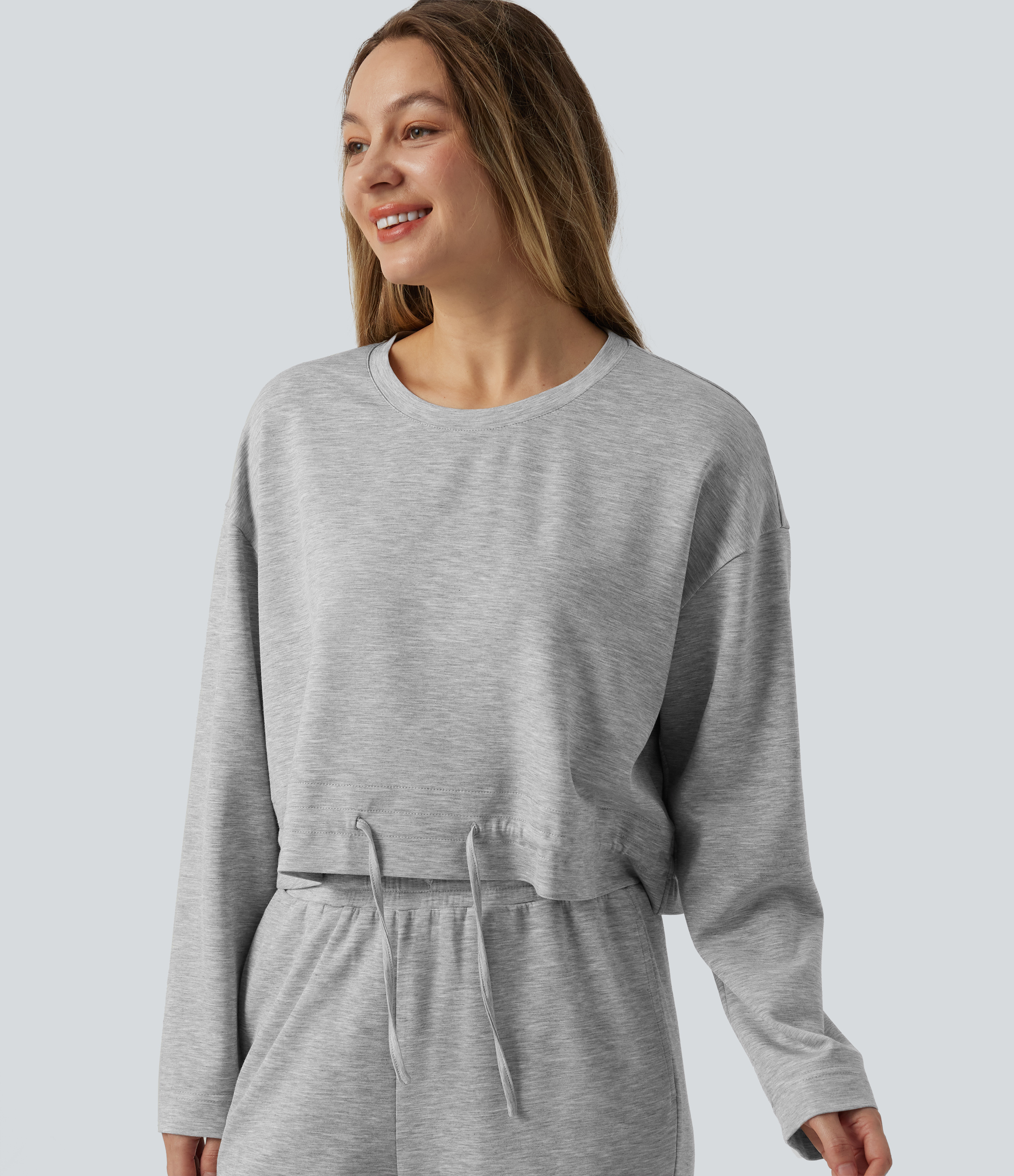 Round Neck Long Sleeve Drawstring Lounge Top