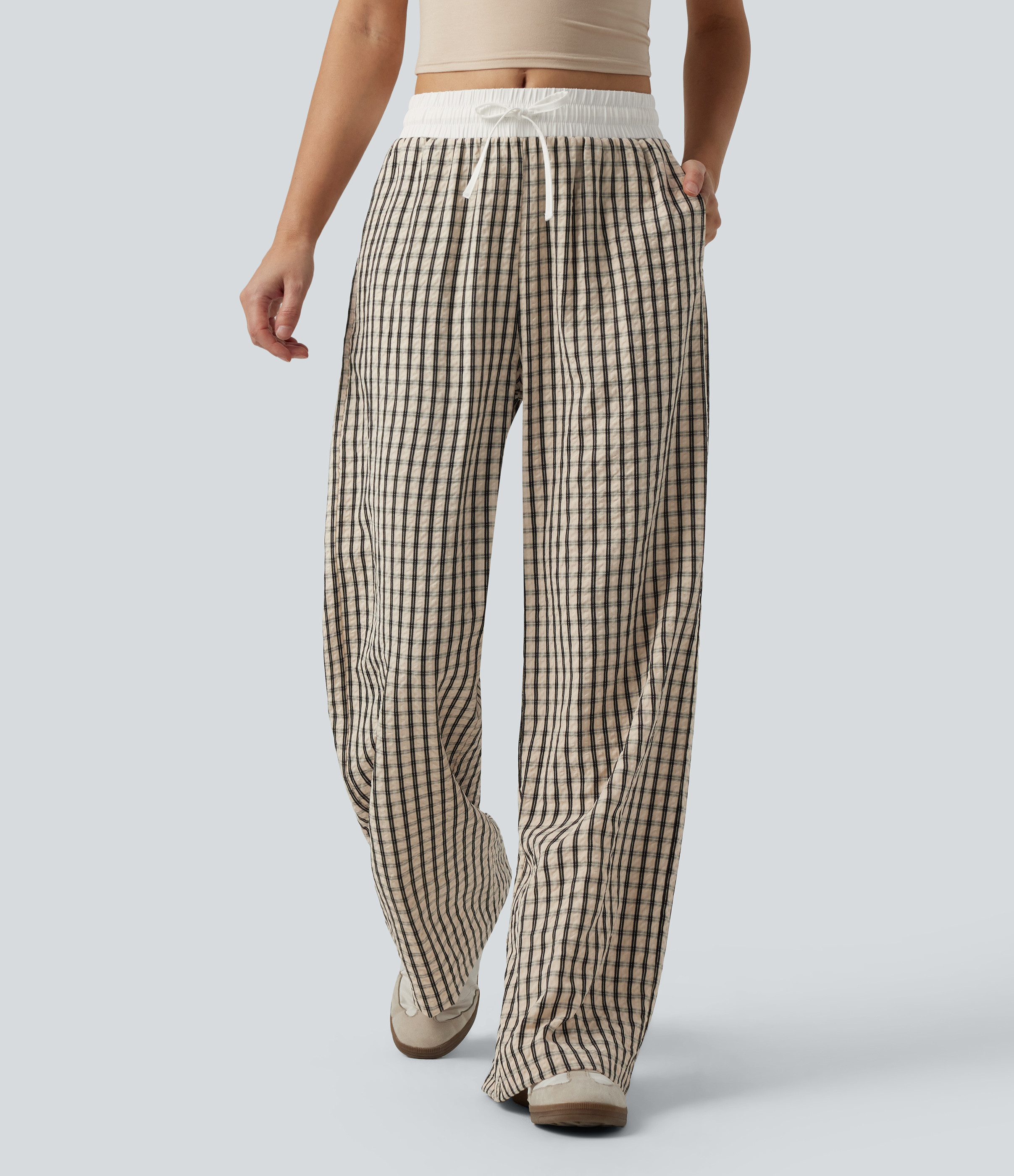 Mid Rise Drawstring Wide Leg Plaid Casual Pants with Pockets