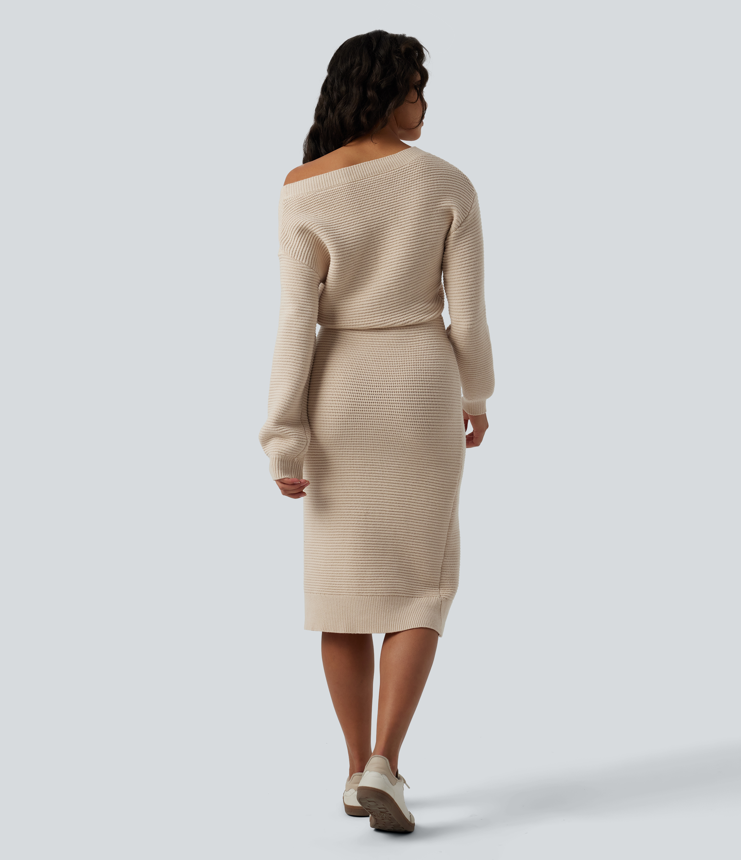 Smoke Gray One-Shoulder-Langarm-Midi-Strickkleid, lässig / 2