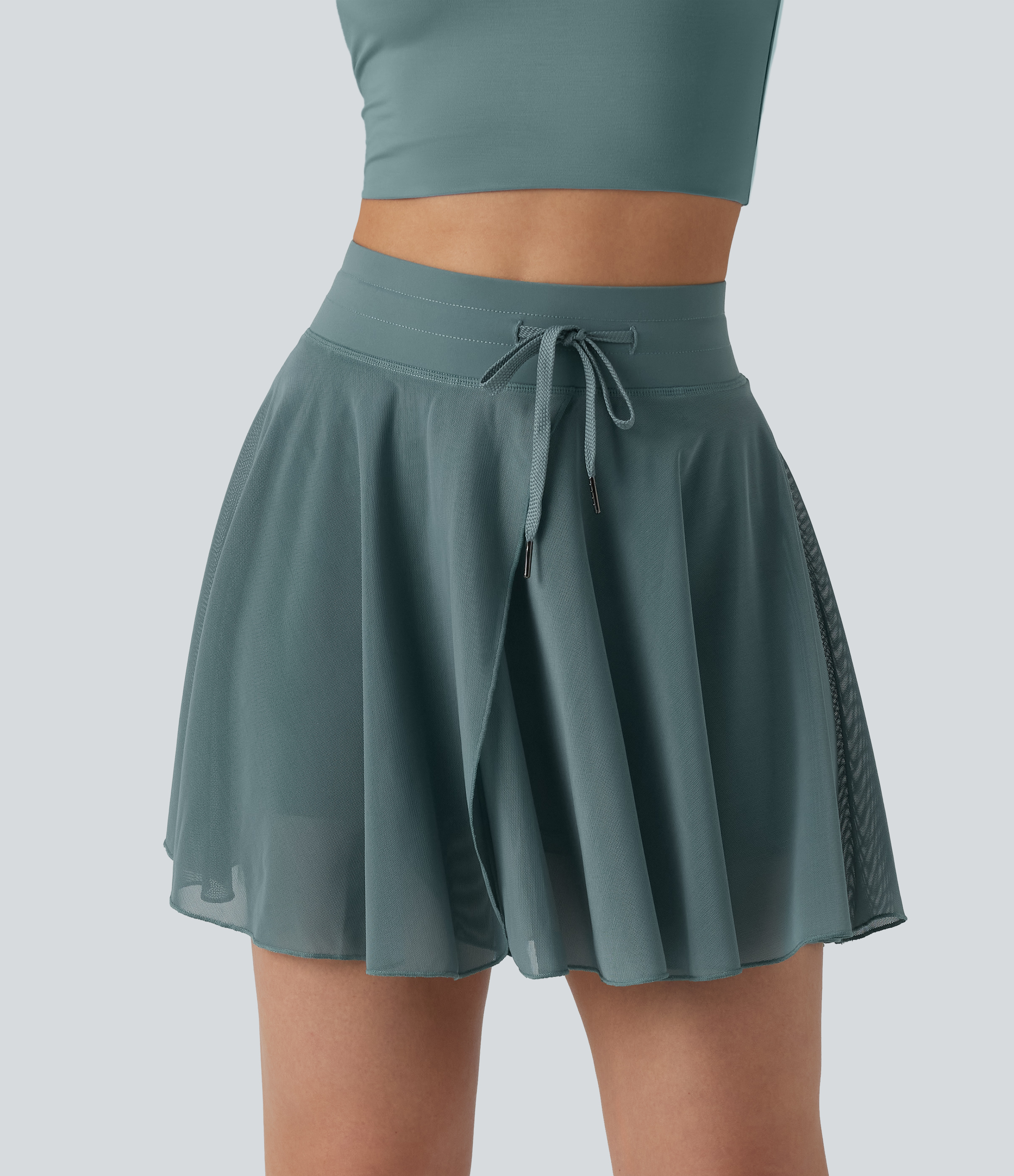 High Waisted Drawstring Contrast Mesh 2-in-1 Pocket Flowy Mini Flare Casual Skirt-Longer Length