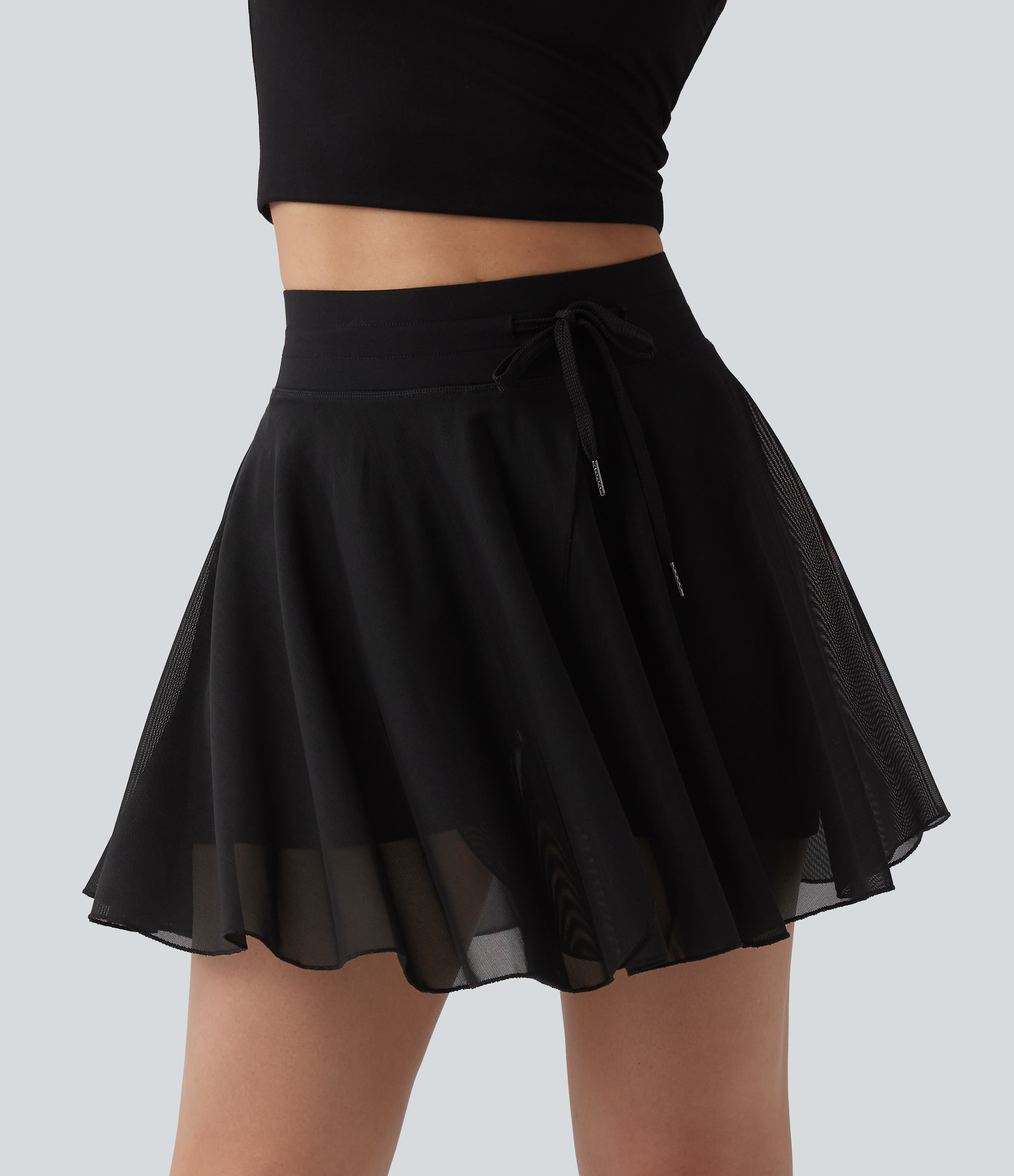 High Waisted Drawstring Contrast Mesh 2-in-1 Pocket Flowy Mini Flare Casual Skirt-Longer Length