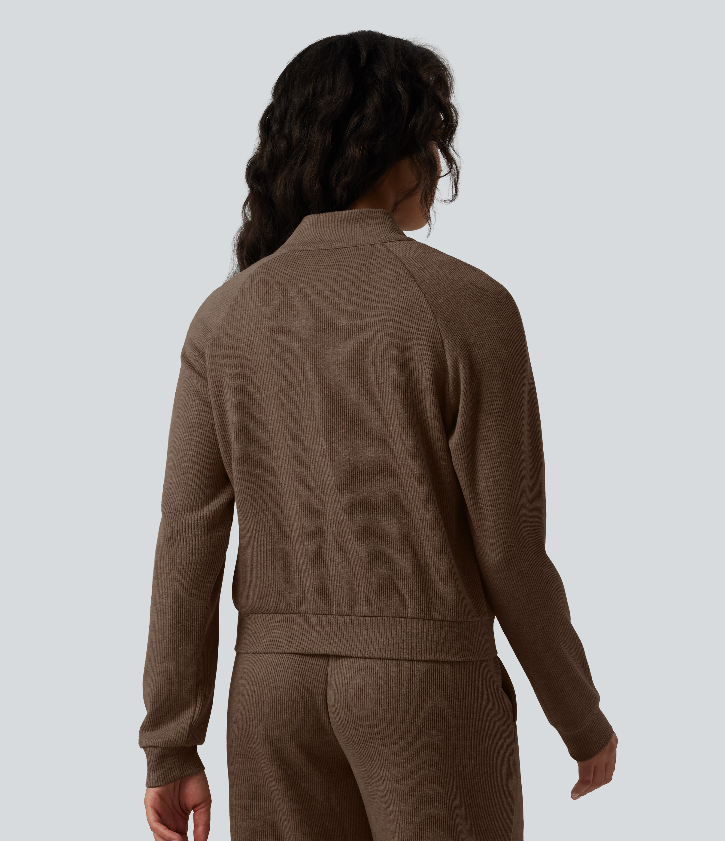 Chestnut Chaqueta casual acanalada con cuello mao, manga larga, cremallera y bolsillos / 2