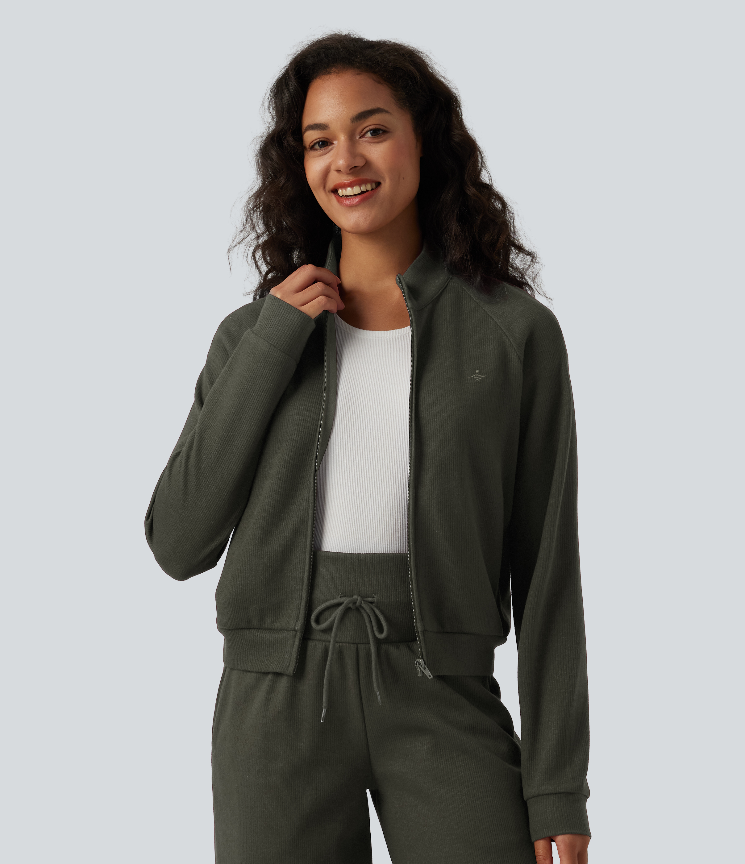 Ribbed Stand Collar Long Sleeve Zipper Casual Jacket with Pockets