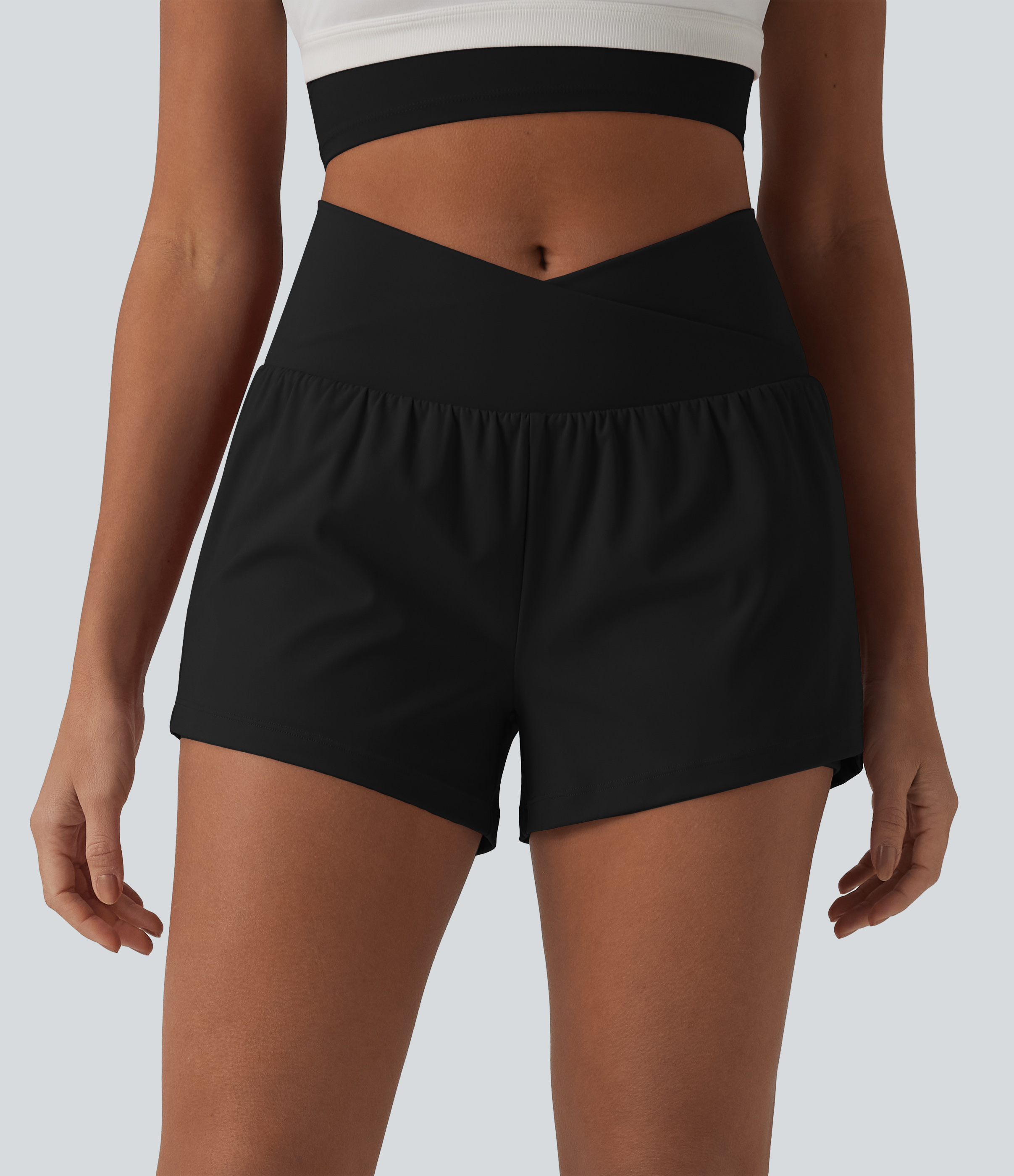SoftlyZero™ Airy Crossover High Waisted 2-in-1 Cool Touch Yoga Shorts 3'' with Pockets