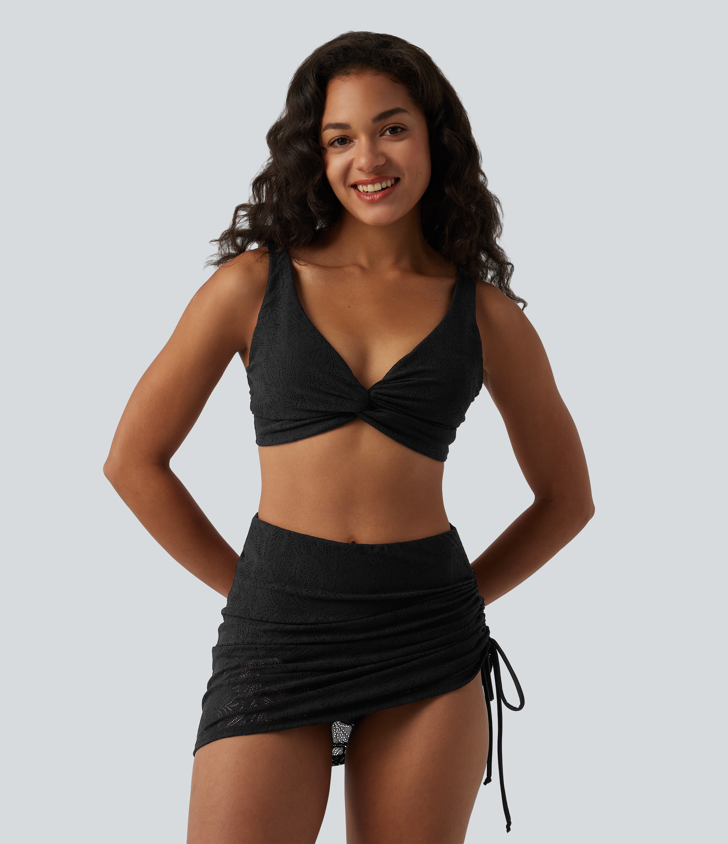 Deep V-neck Twisted Adjustable Straps Tummy Control Drawstring 2-in-1 Lace Overlay Bikini Set