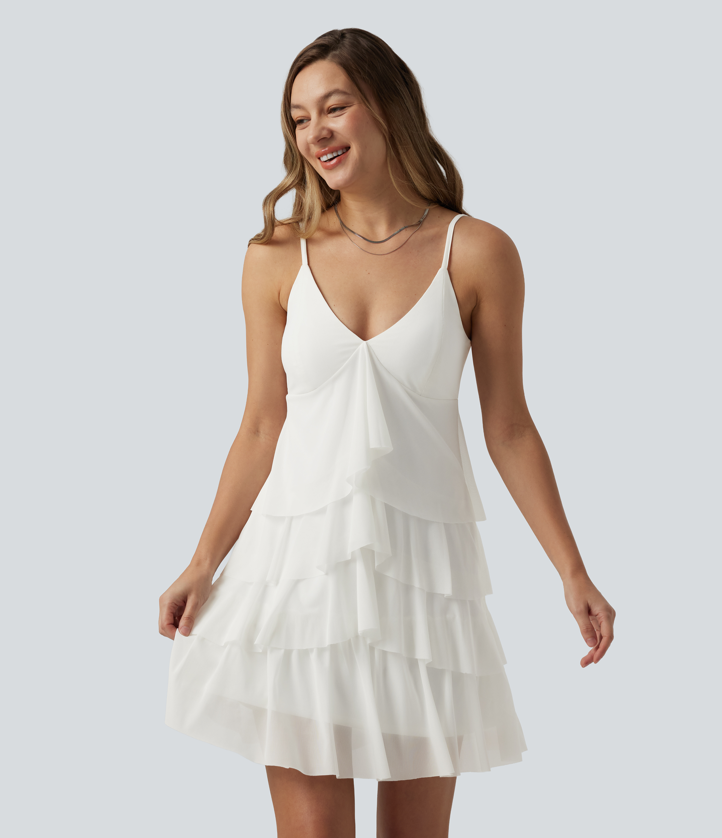 Crisscross Backless Mesh Overlay Built-in Bra Mini Casual Tiered Slip Dress with Pockets